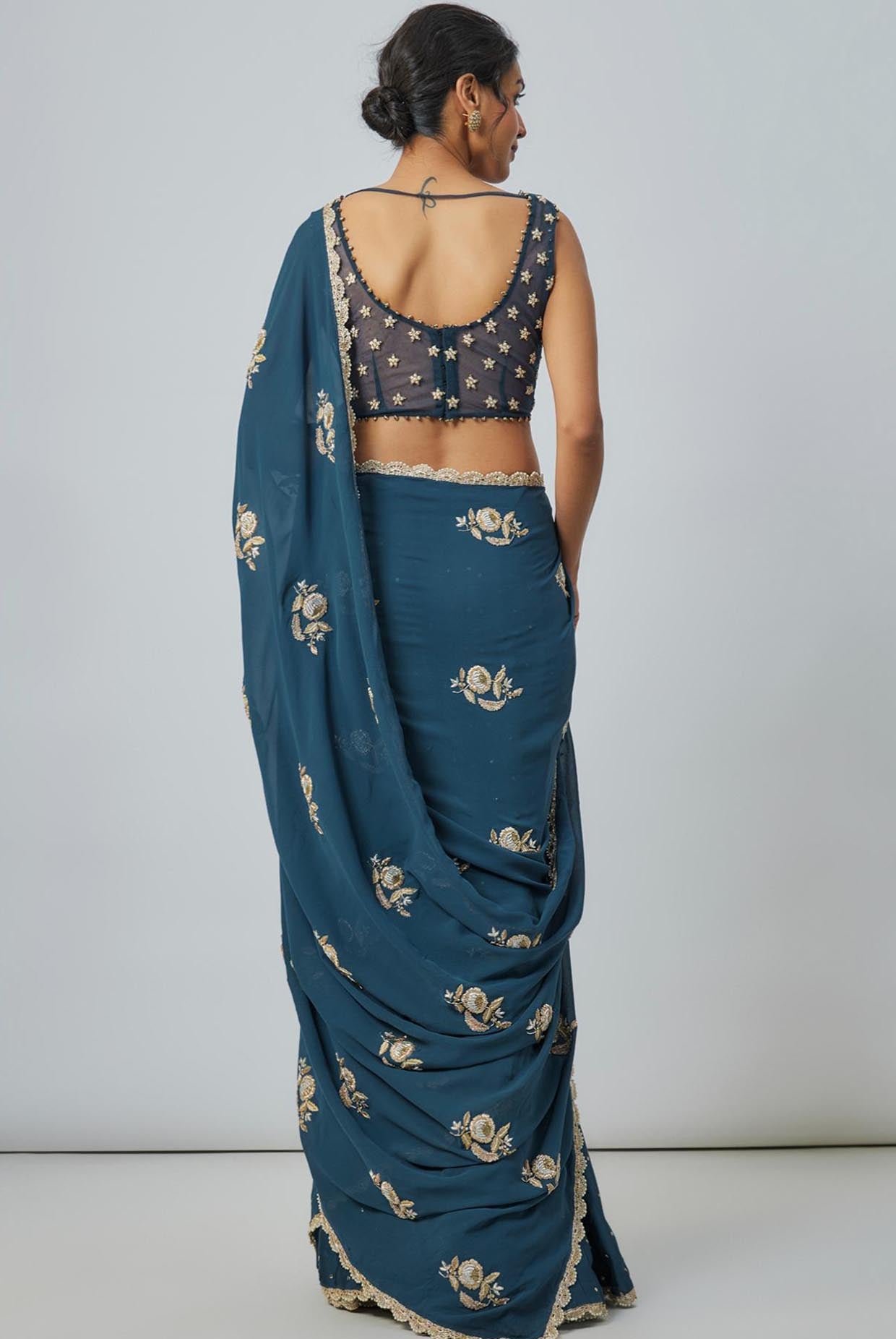 Teal Blue Embroidered Choli With Embroidered Saree