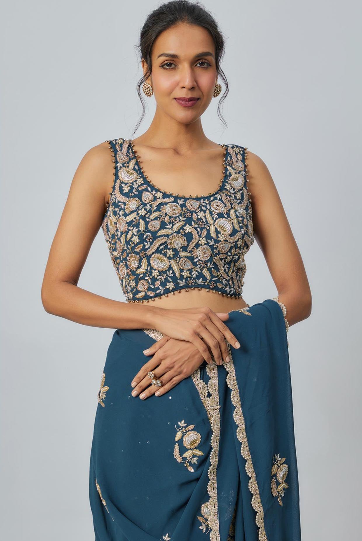 Teal Blue Embroidered Choli With Embroidered Saree