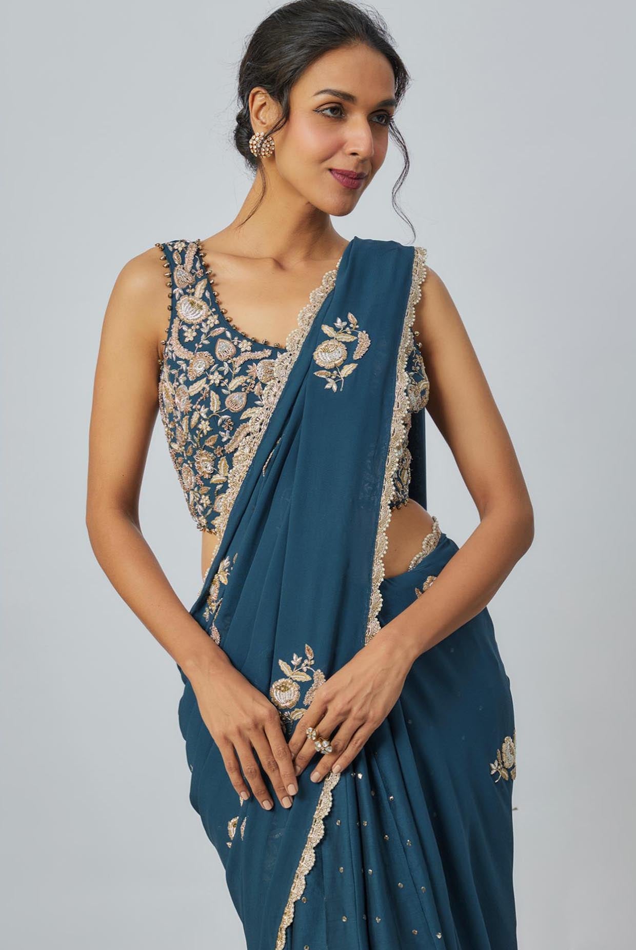 Teal Blue Embroidered Choli With Embroidered Saree