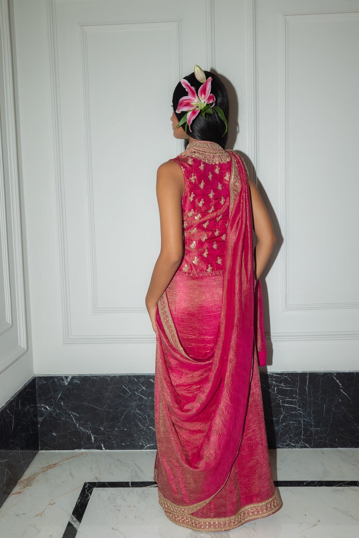 Raspberry Kurti Saree set