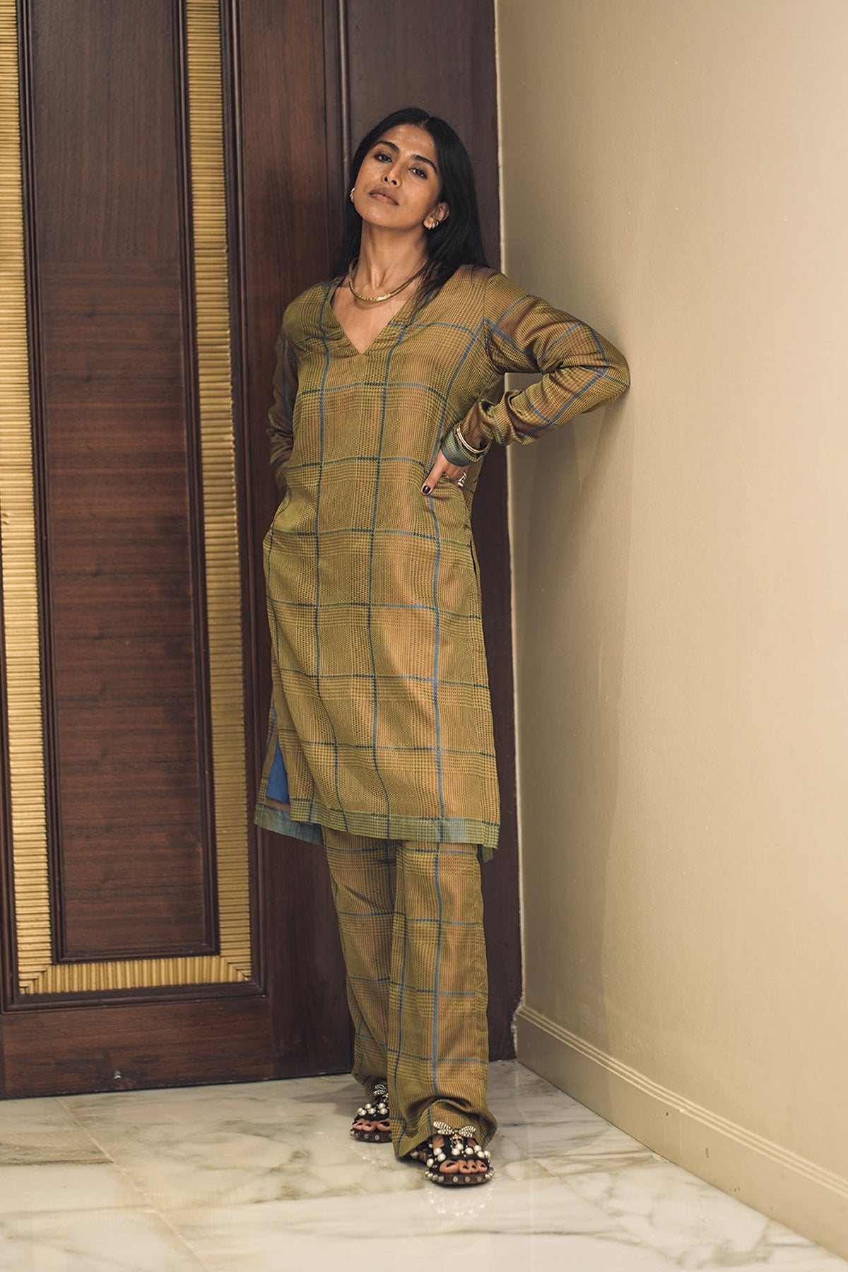 Brown Chessboard Kurta Set
