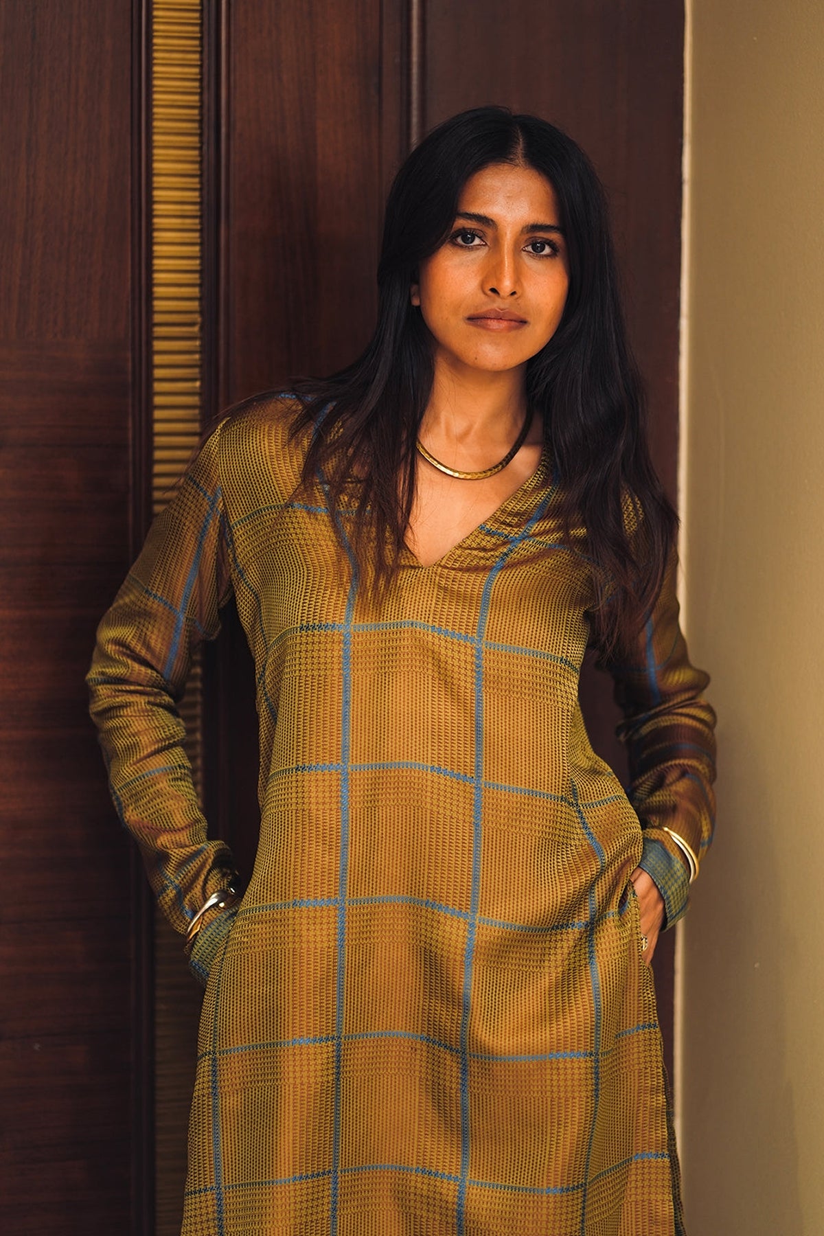 Brown Chessboard Kurta Set