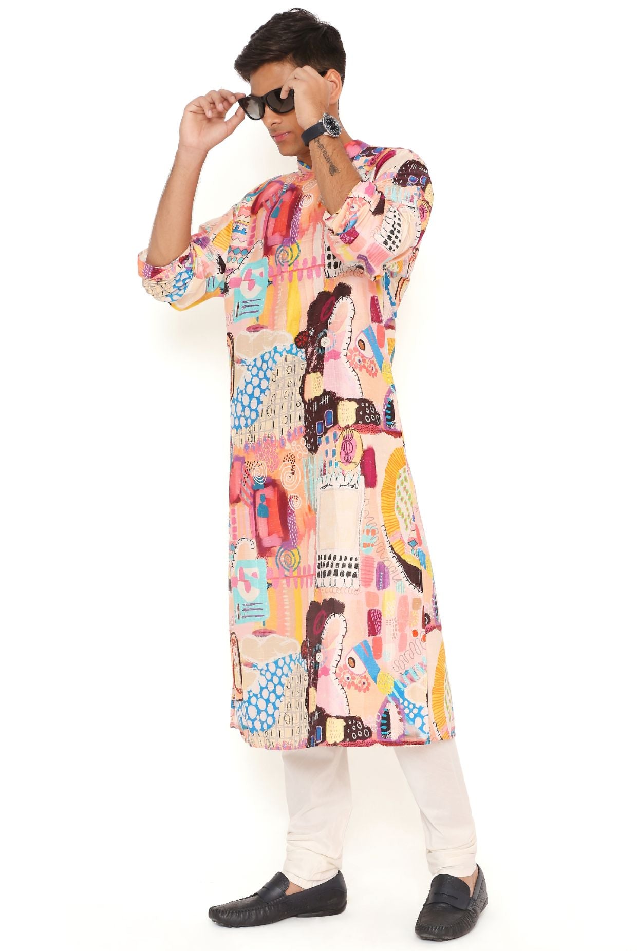 TRANCE PRINT DUPION SILK KURTA WITH OFF WHITE COTTON SILK CHURIDAR