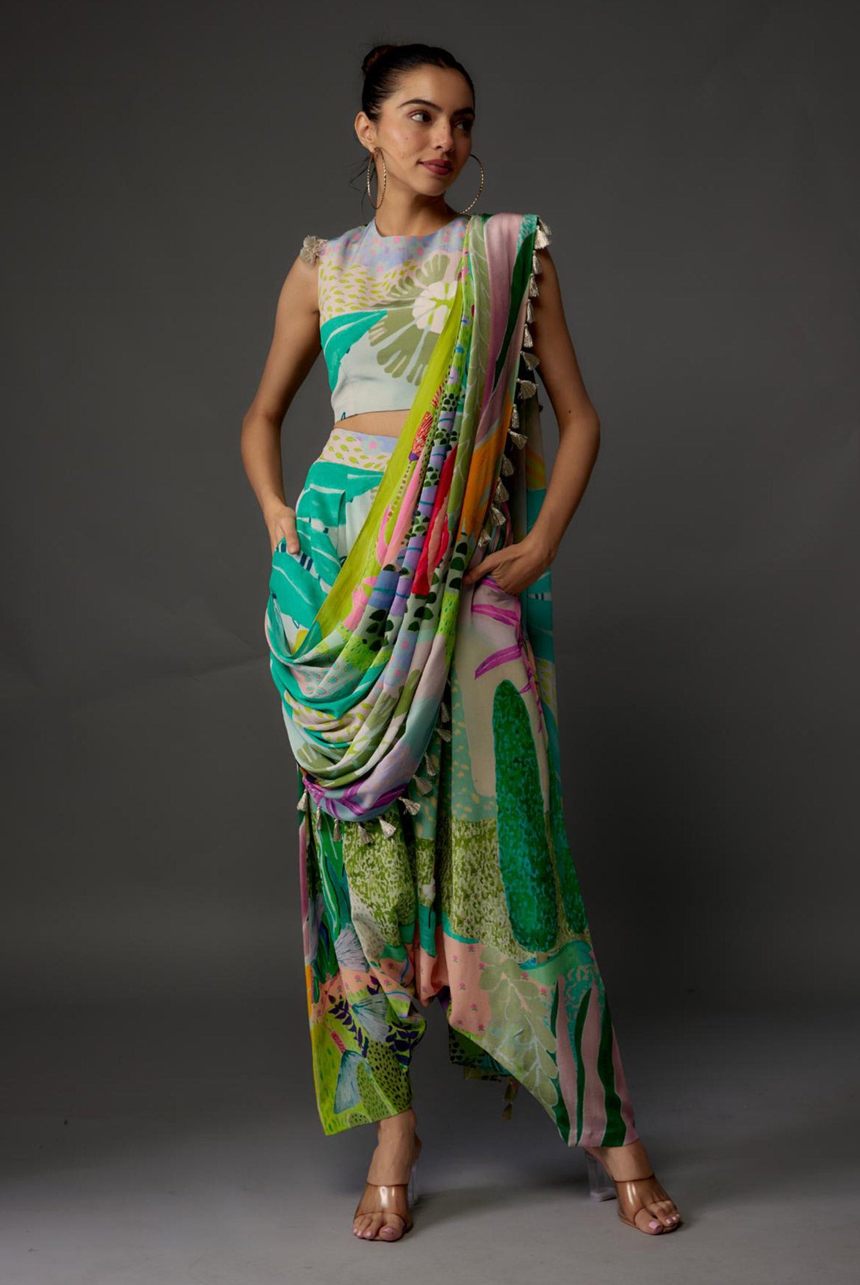 Tropical Print Crepe Top & Low-Crotch Pants With Attached Drape