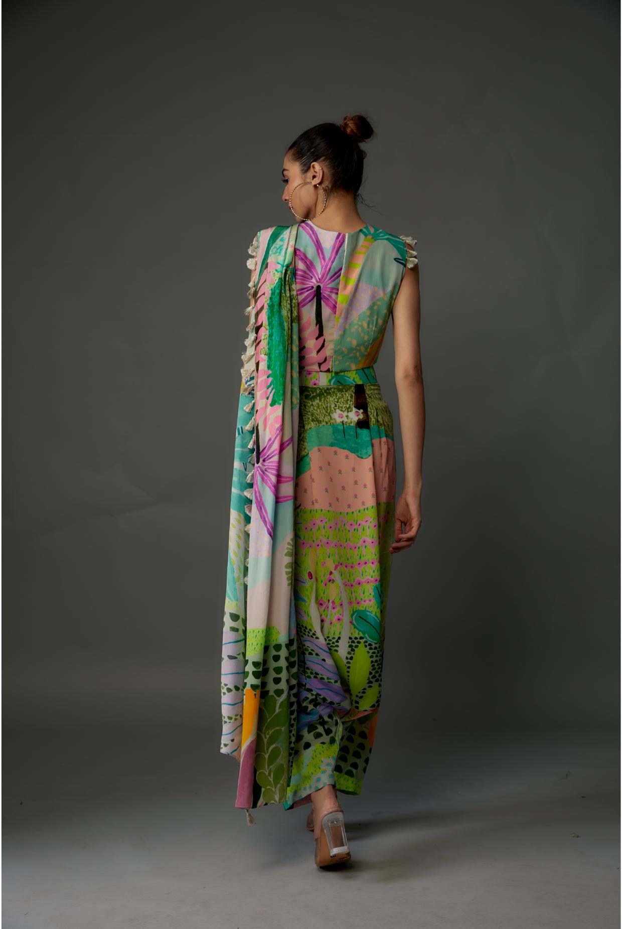 Tropical Print Crepe Top & Low-Crotch Pants With Attached Drape