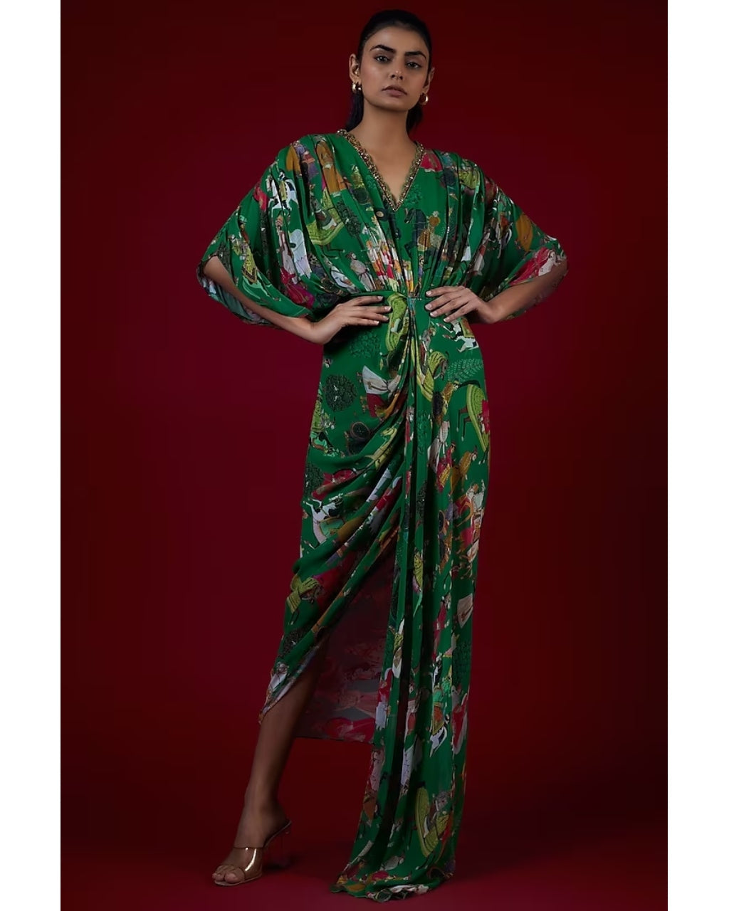 Green Printed Drape Dress