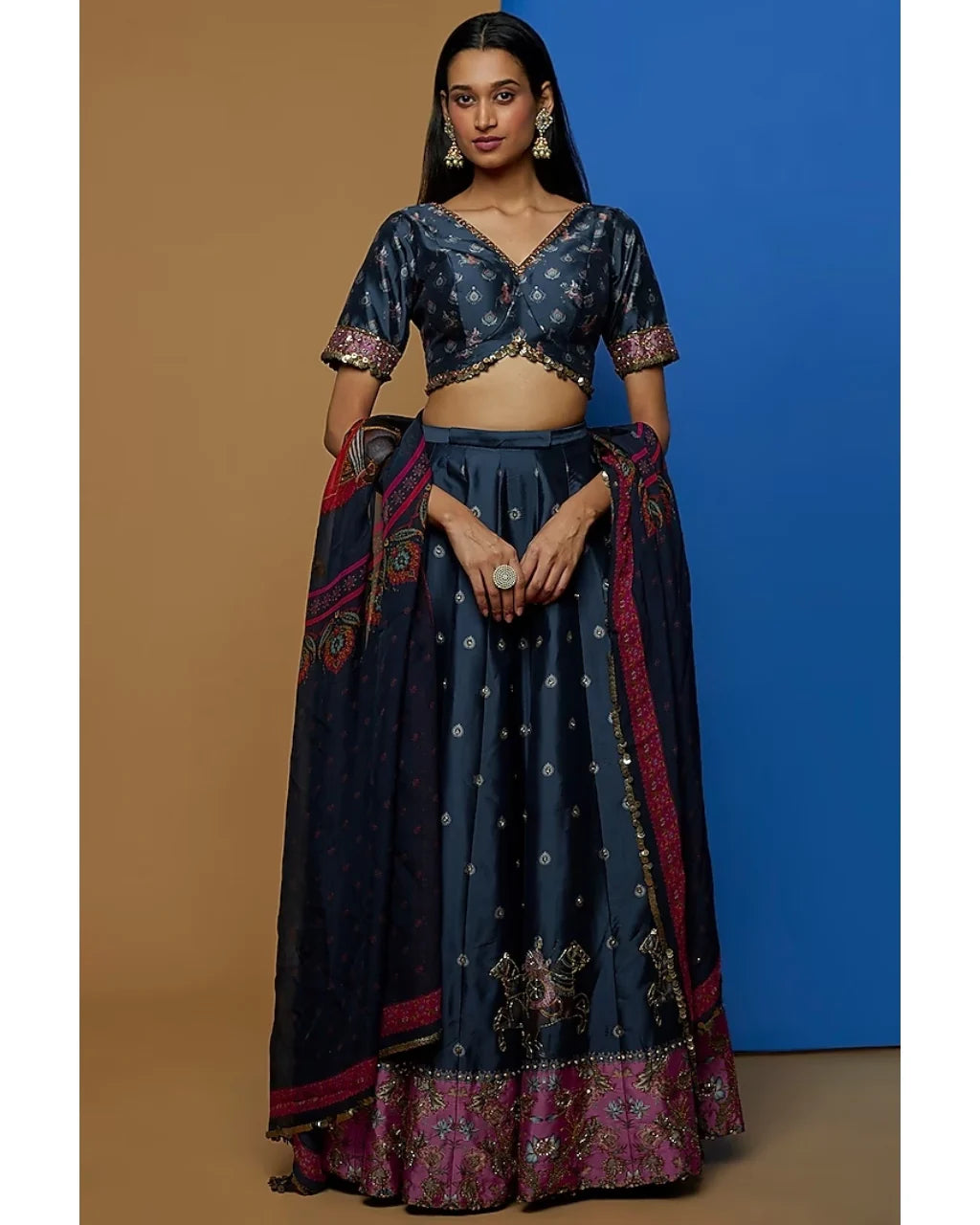 Blue Steed Embroidered Lehenga Set