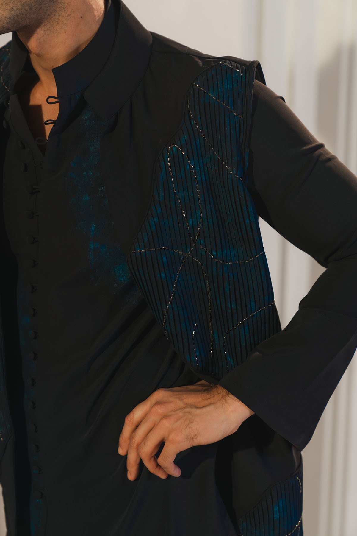 Midnight Blue Handpaint Painted Nehru Jacket Set