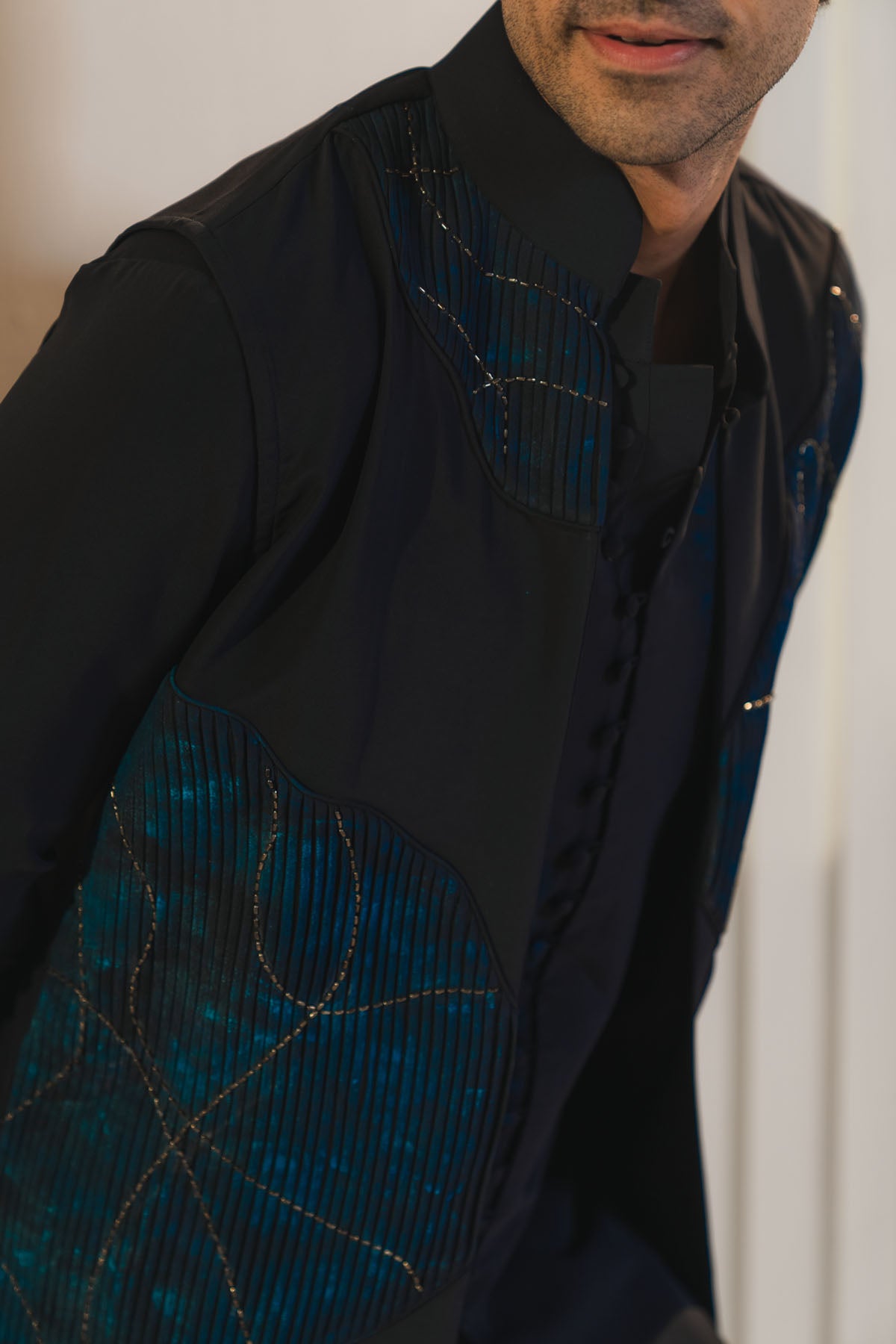 Midnight Blue Handpaint Painted Nehru Jacket Set