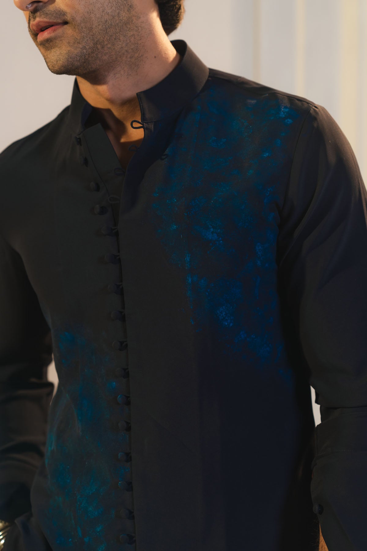 Midnight Blue Handpaint Painted Nehru Jacket Set