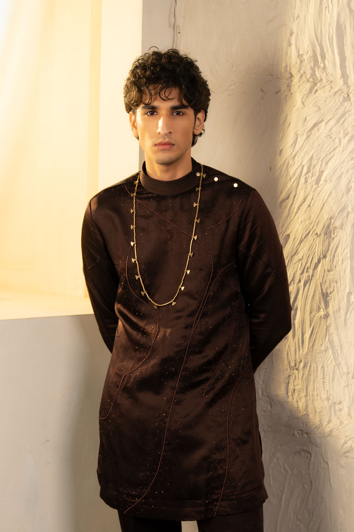 Dark Brown Linen Silk Embroidered Kurta Set