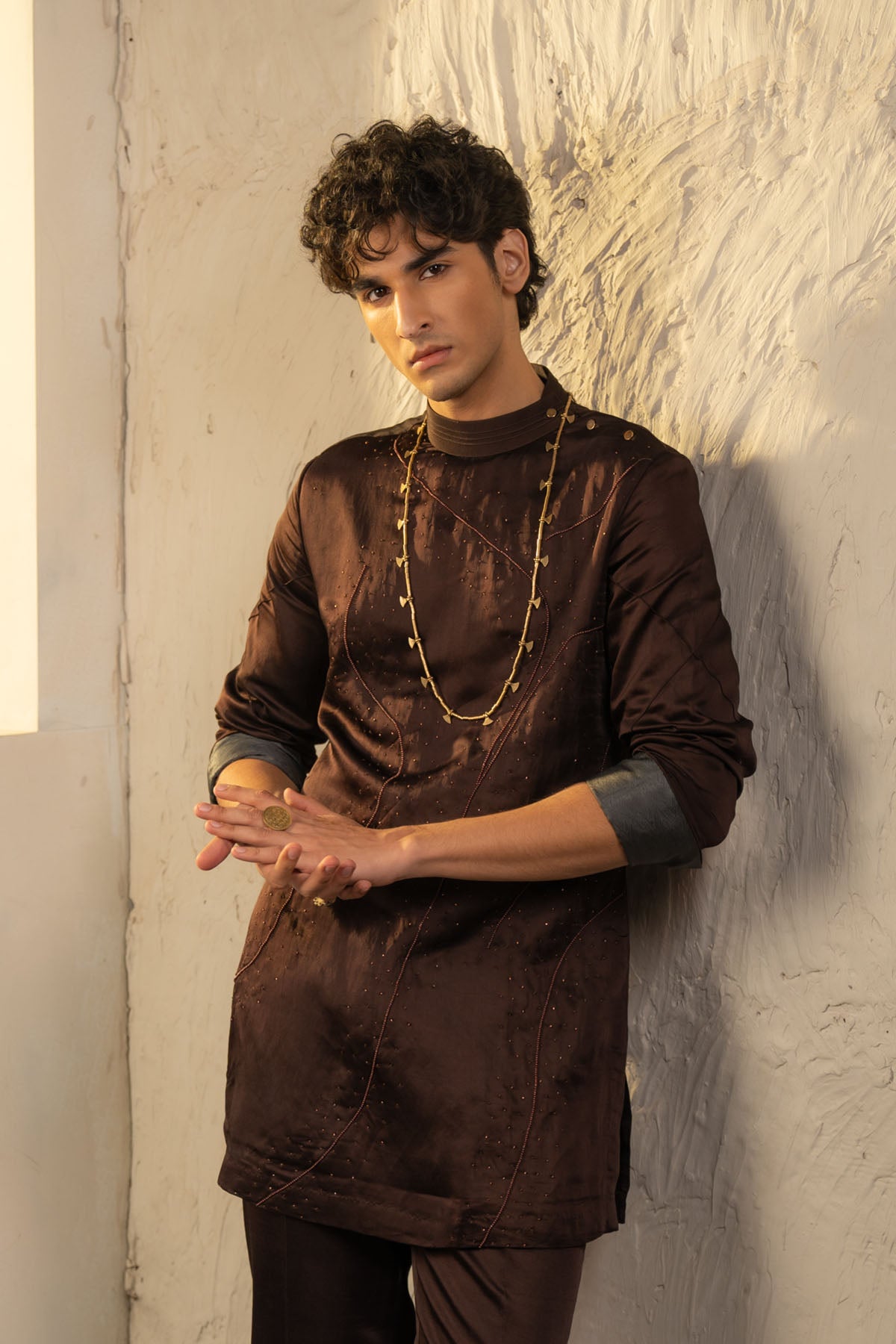 Dark Brown Linen Silk Embroidered Kurta Set