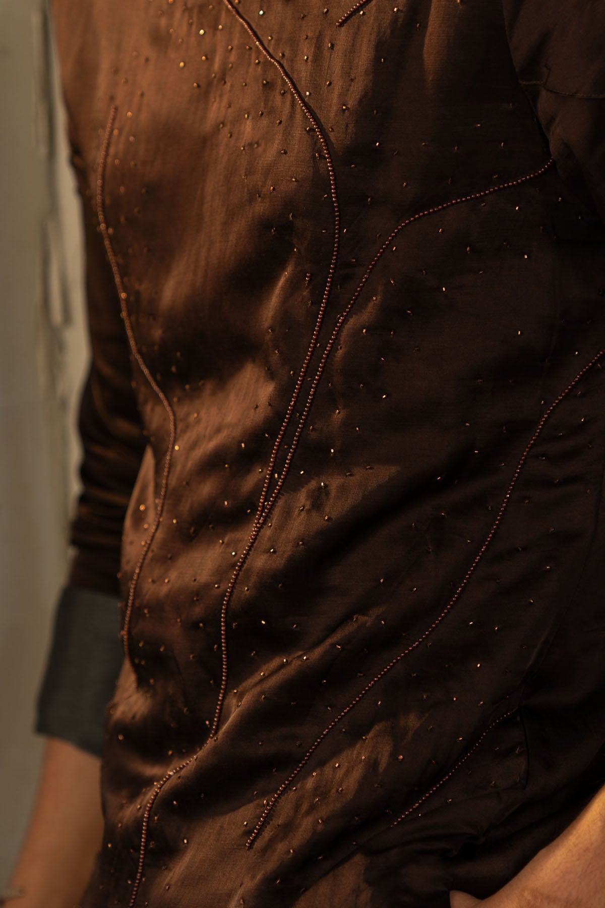 Dark Brown Linen Silk Embroidered Kurta Set