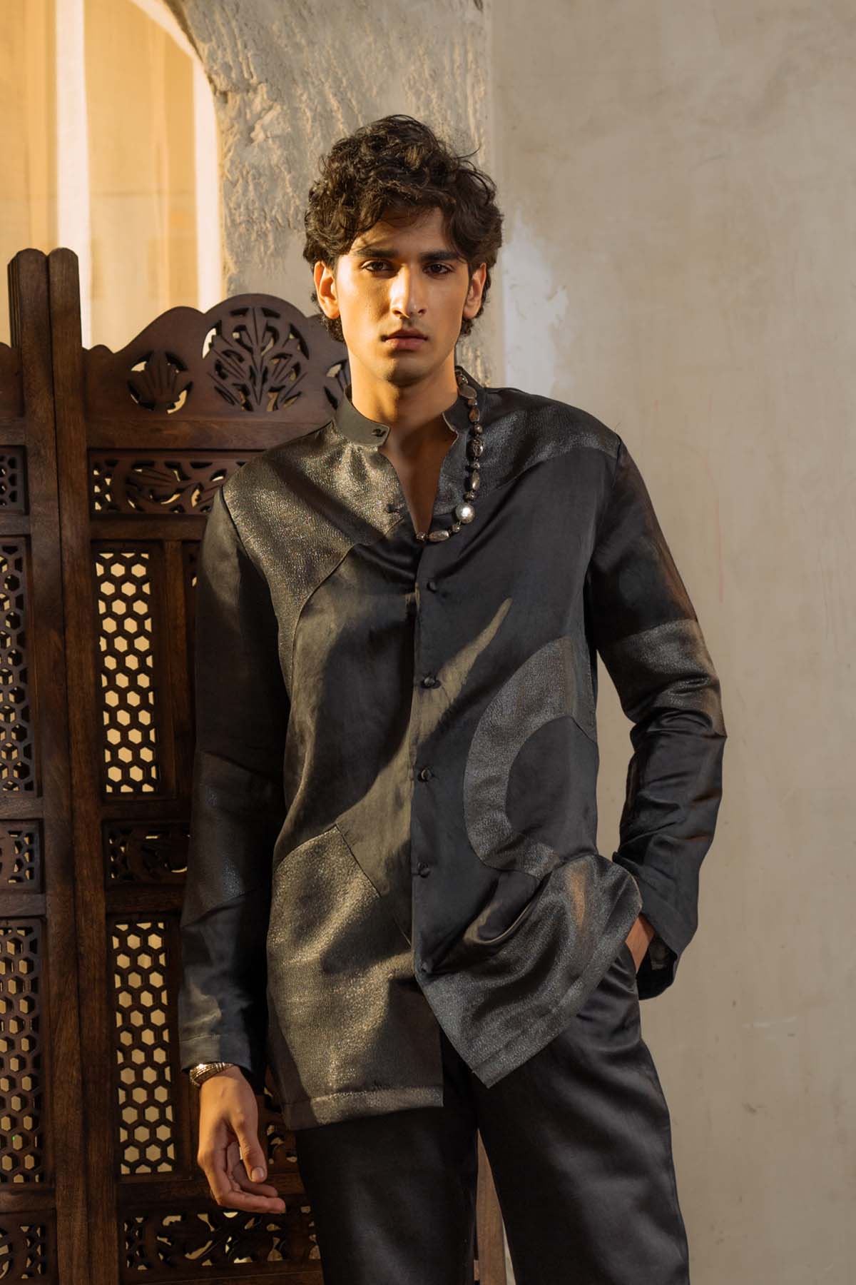 Charcoal Grey Metallic Work Short Jacket Set