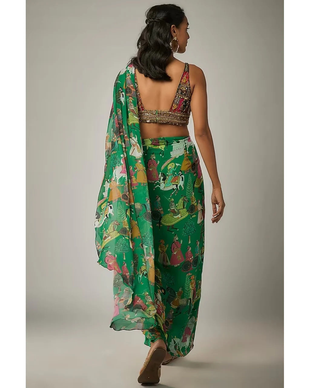 Green Printed Mughal Rhapsody Pre Draped Sari Set
