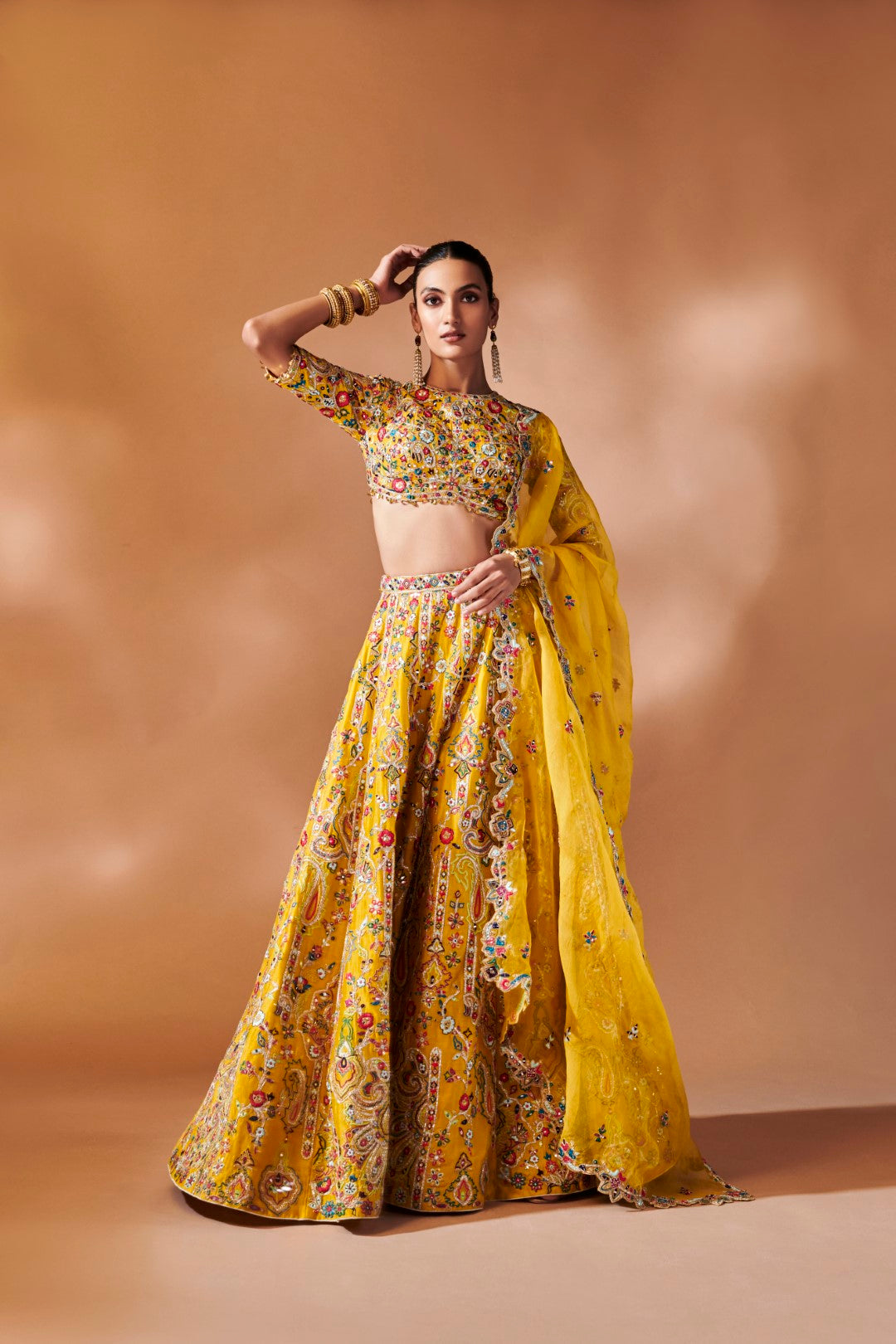Mustard Lehenga Set With Elbow Length Sleeves