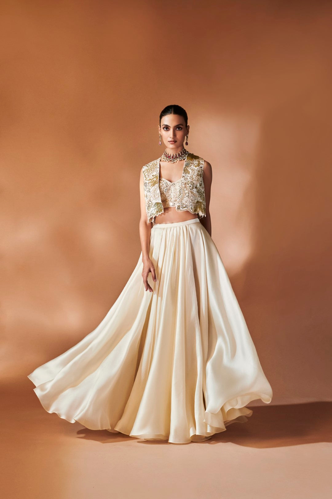 Ivory Organza Skirt With An Embroidered Blouse And Jacket