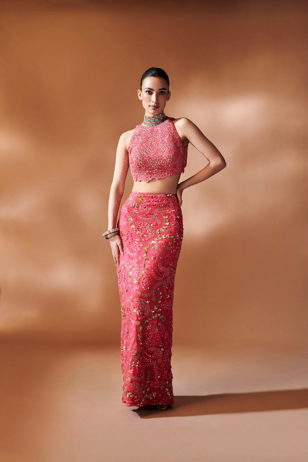 Pink Skirt With An Incut Blouse