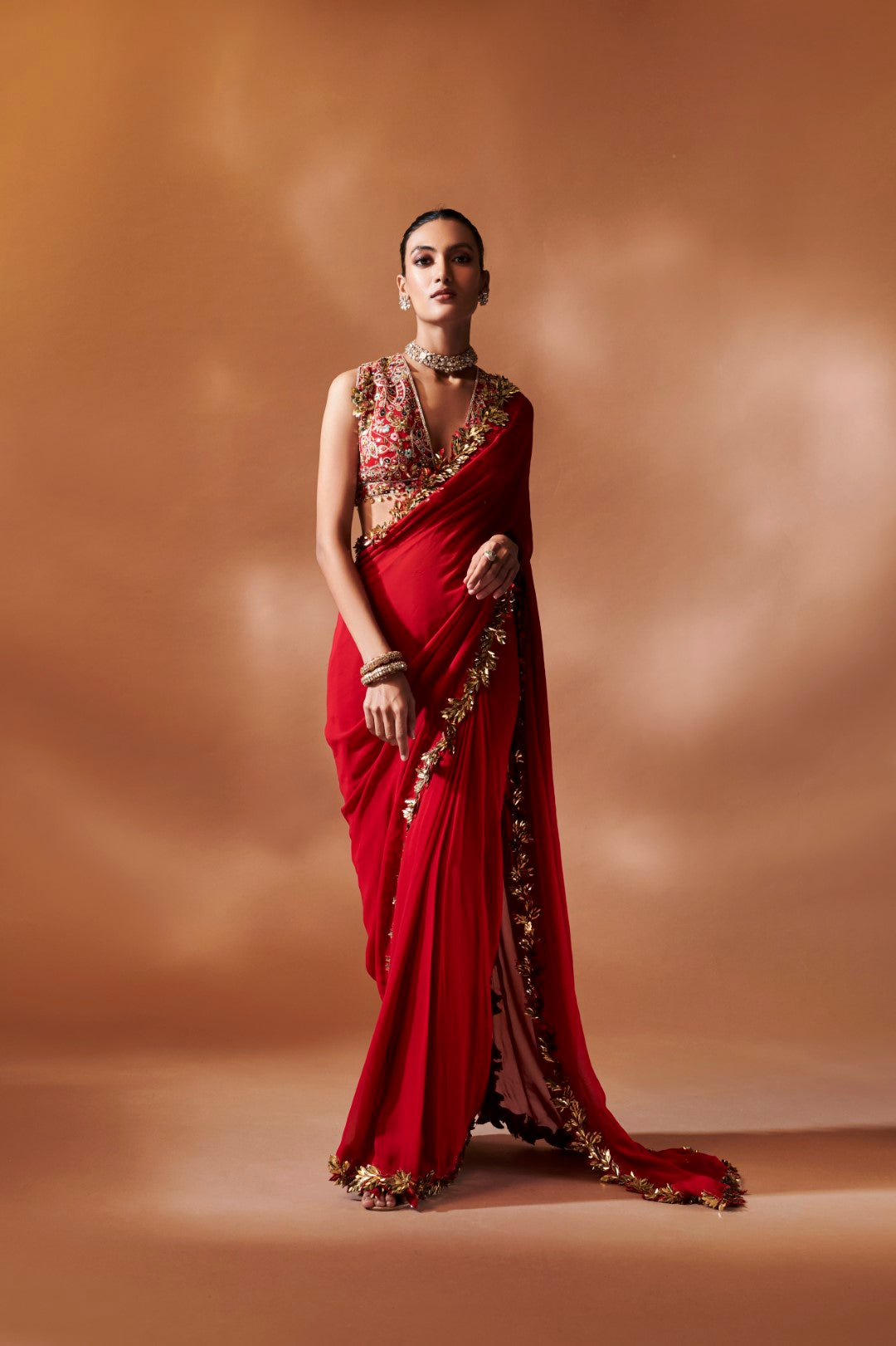 Red And Gold Embroidered Saree Set