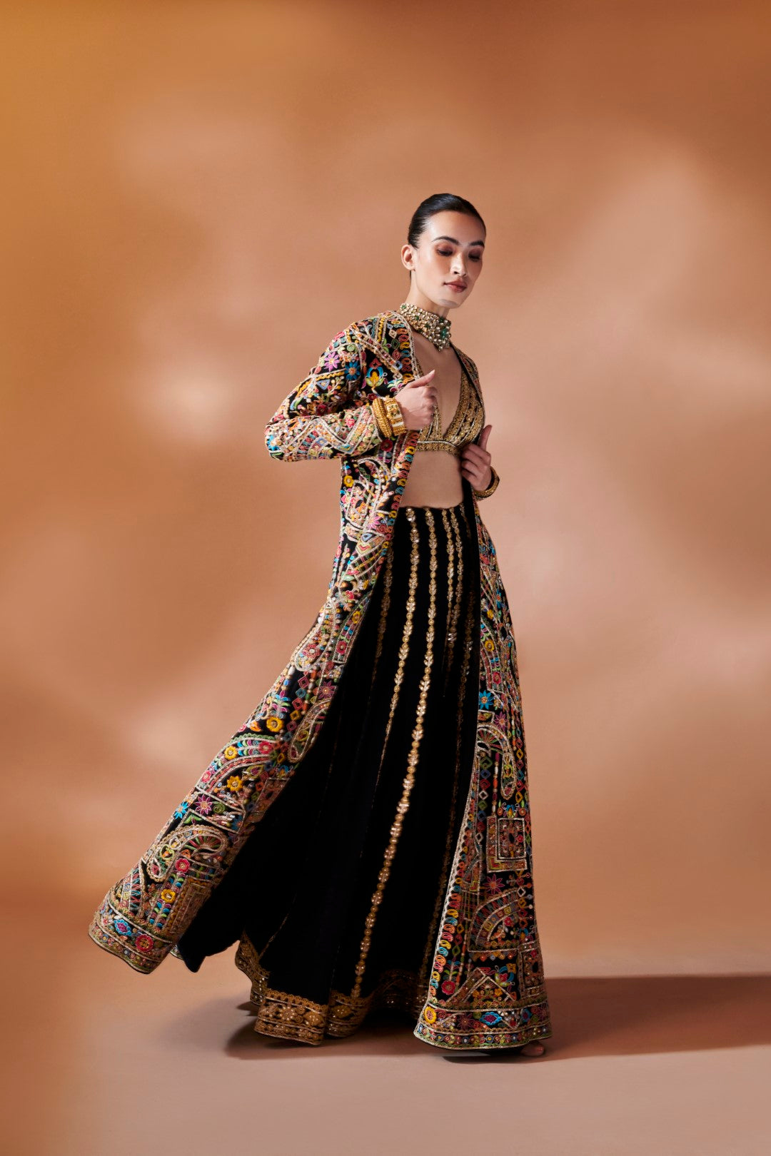 Black Long Embroidered Jacket With A Bustier And Sharara