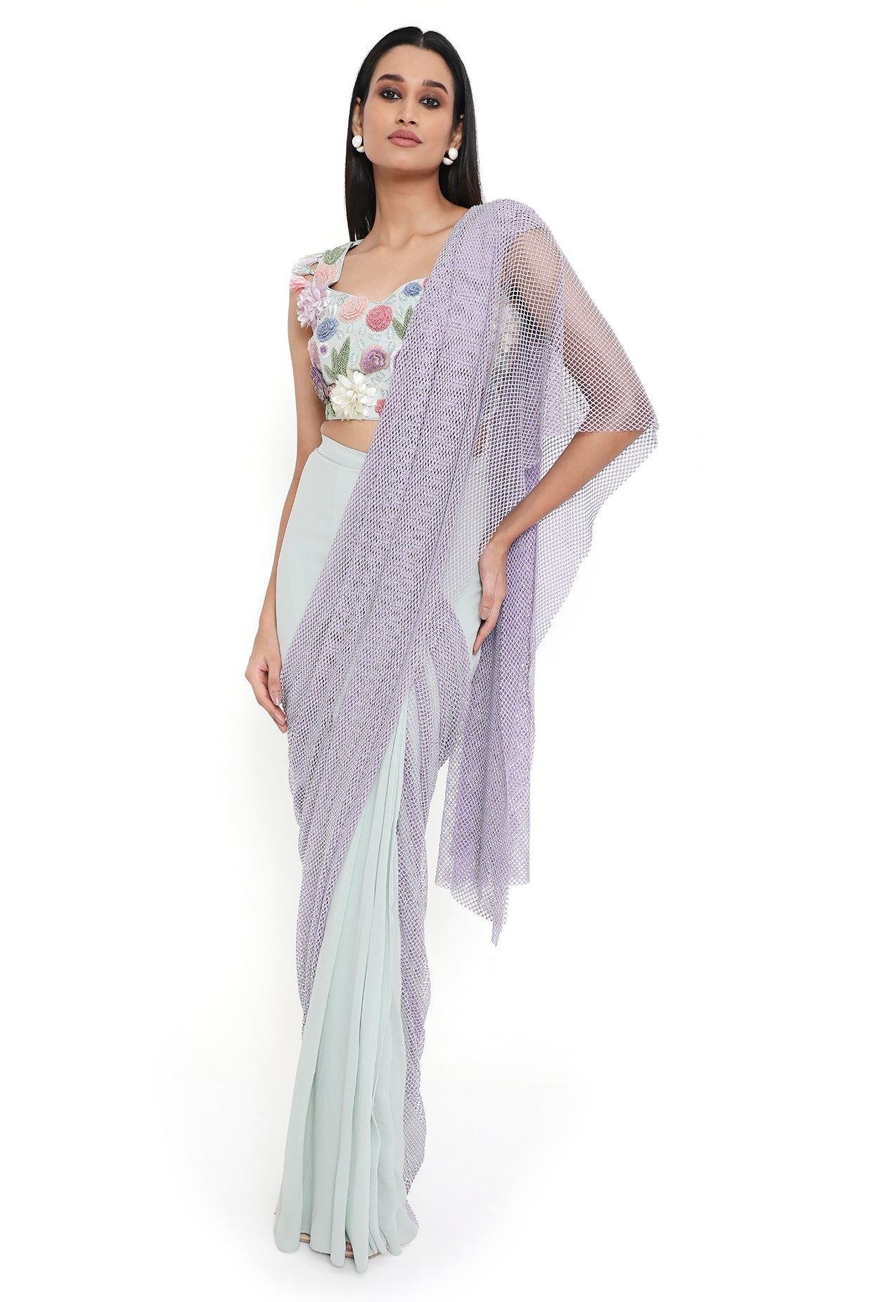 Verona Sea Foam Embroidered Choli And Saree With Purple Mesh Pallu