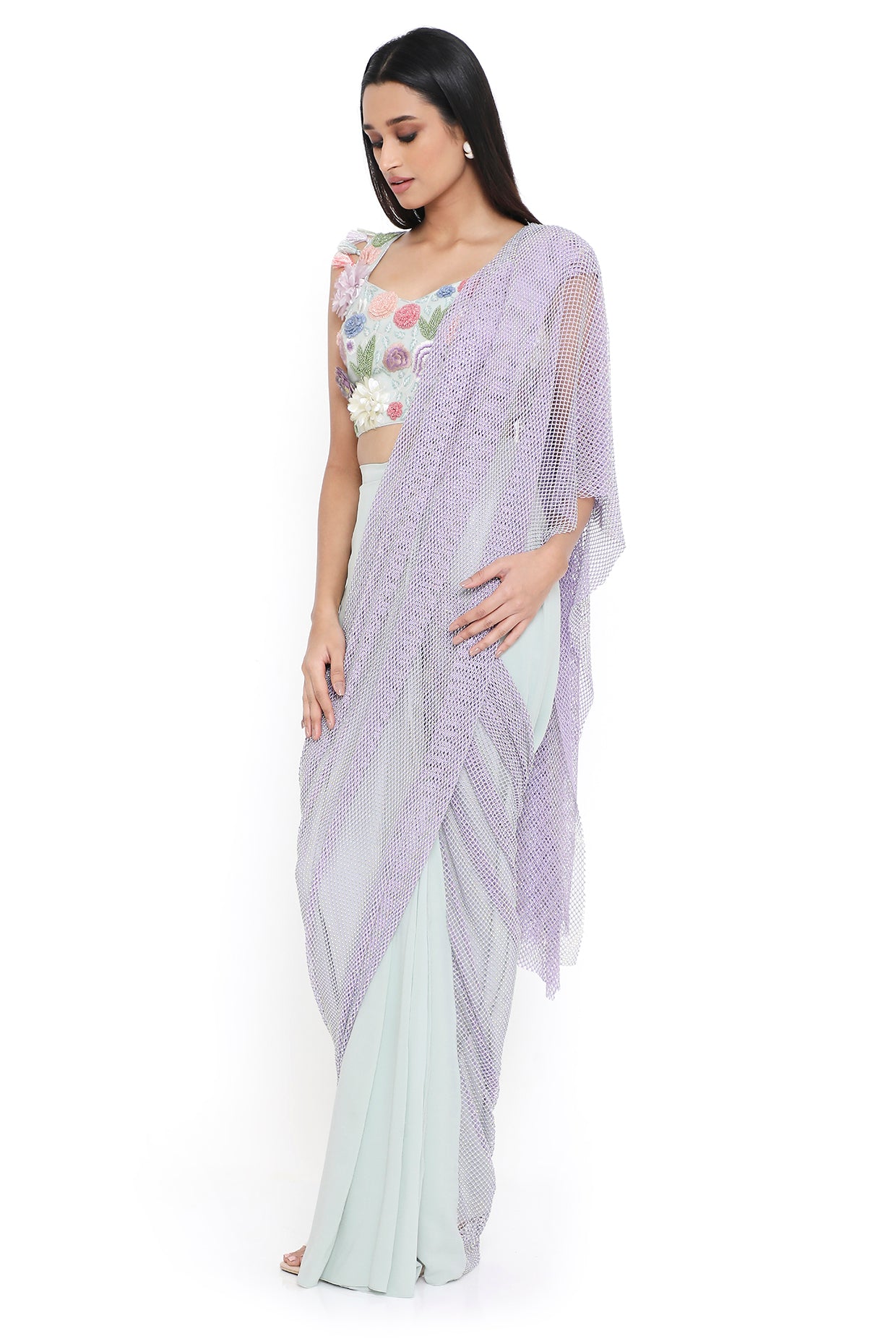 Verona Sea Foam Embroidered Choli And Saree With Purple Mesh Pallu