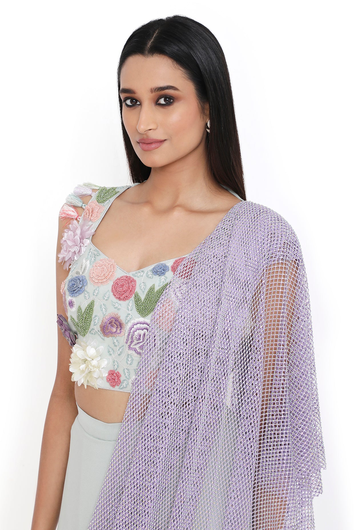 Verona Sea Foam Embroidered Choli And Saree With Purple Mesh Pallu