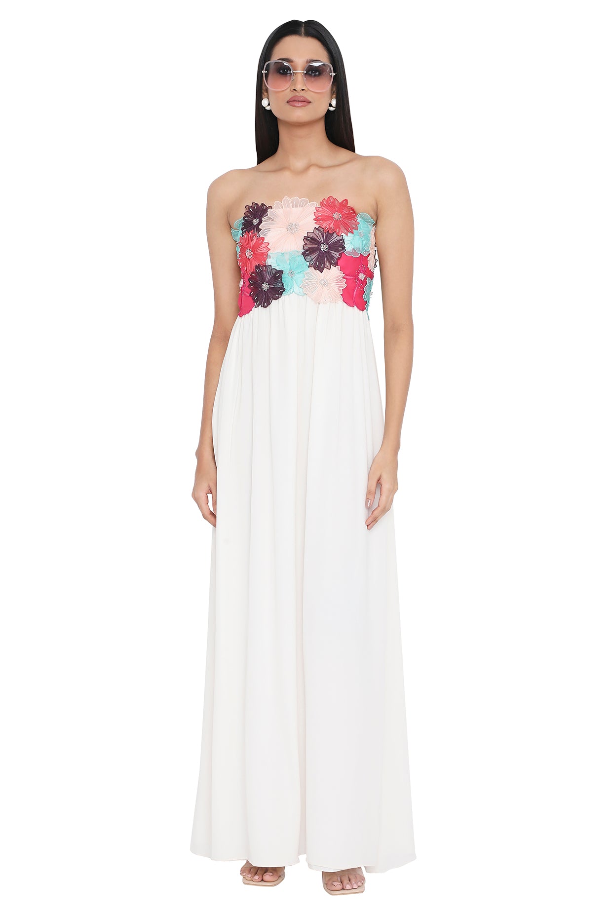 Viola Off White 3d Flower Embroidered Maxi Dress