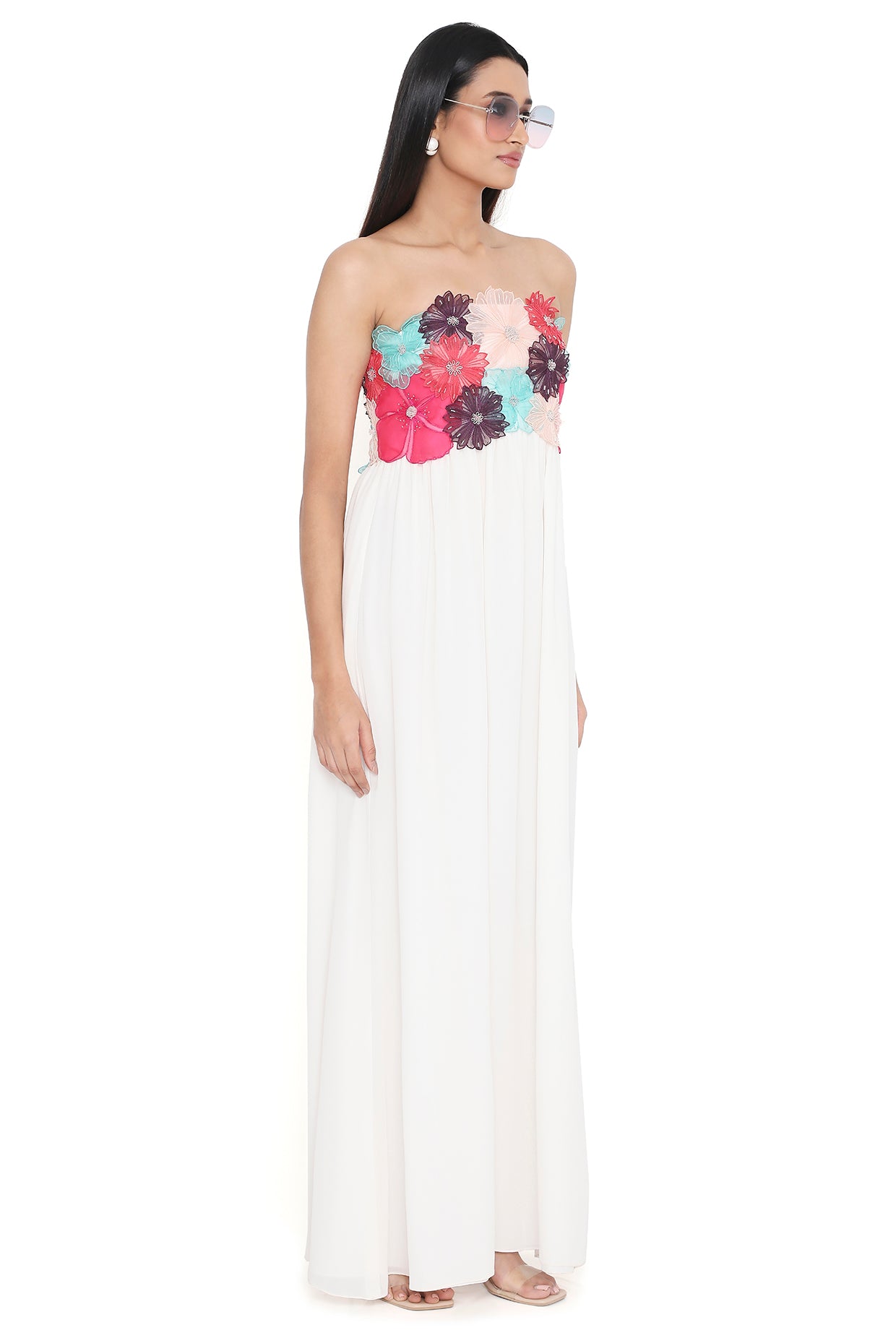 Viola Off White 3d Flower Embroidered Maxi Dress