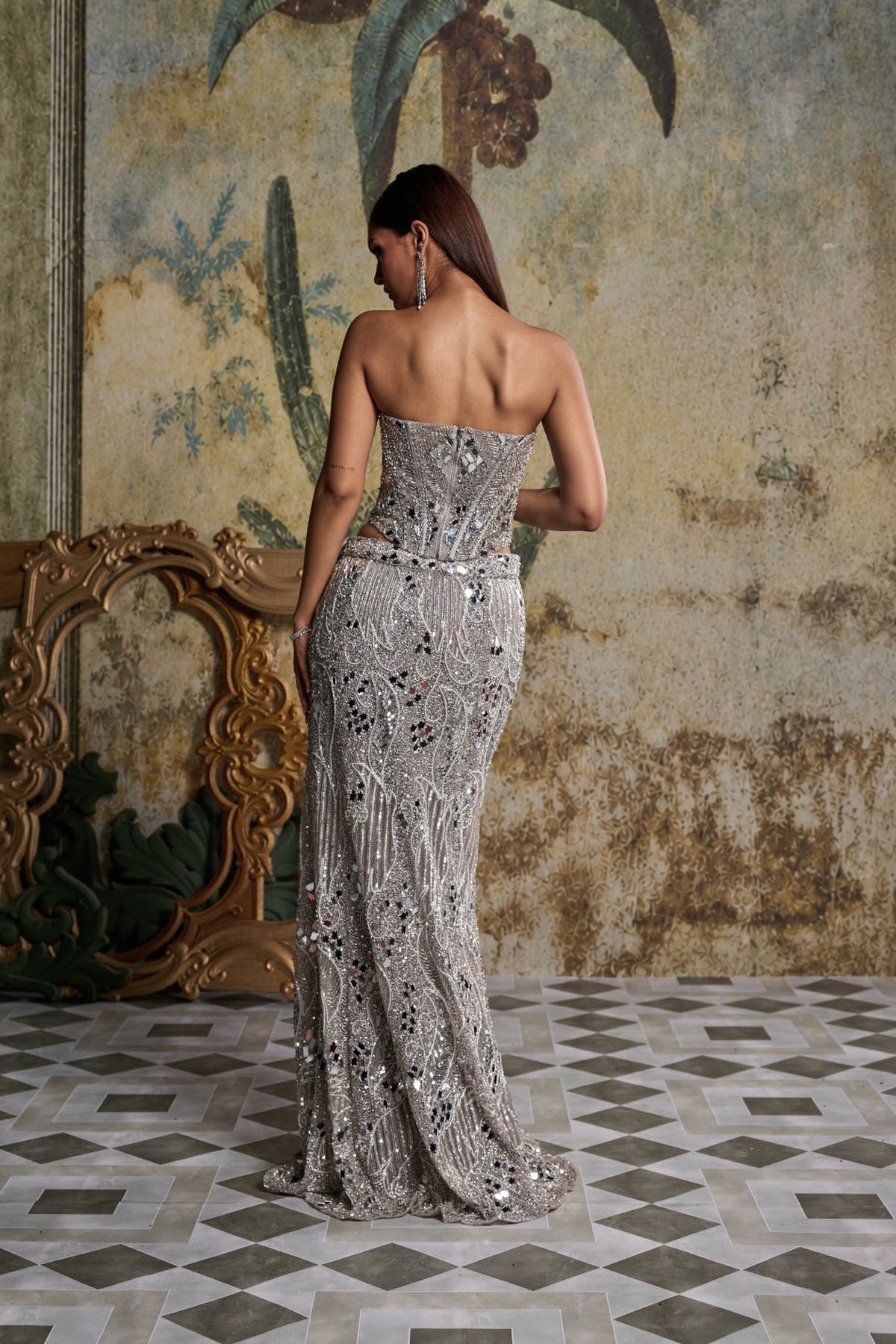 Silver Embellished Asymmetrical Slit Skirt Set