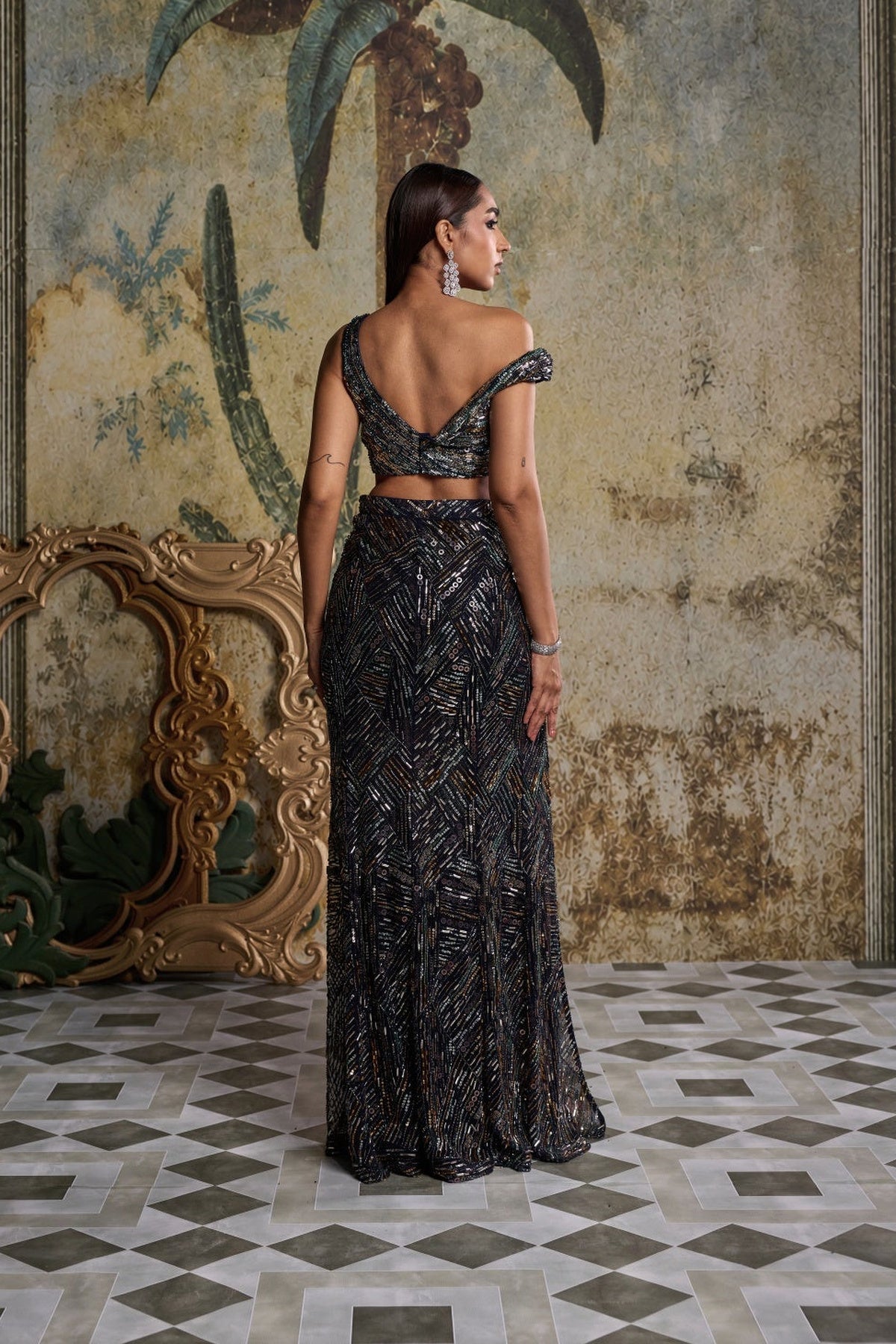 Mid Night Blue Embellished Slit Skirt