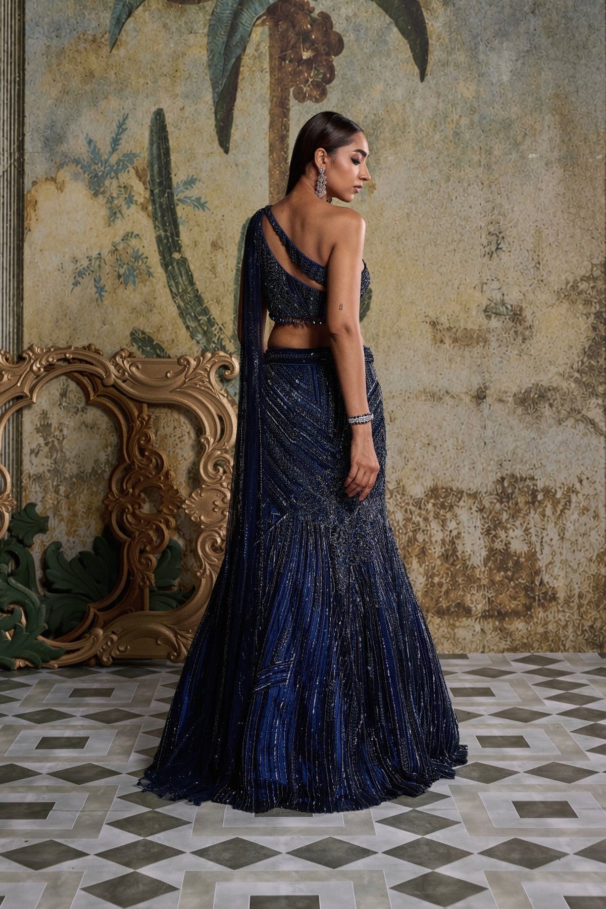 Mid Night Blue Embellished Mermiad Skirt Set