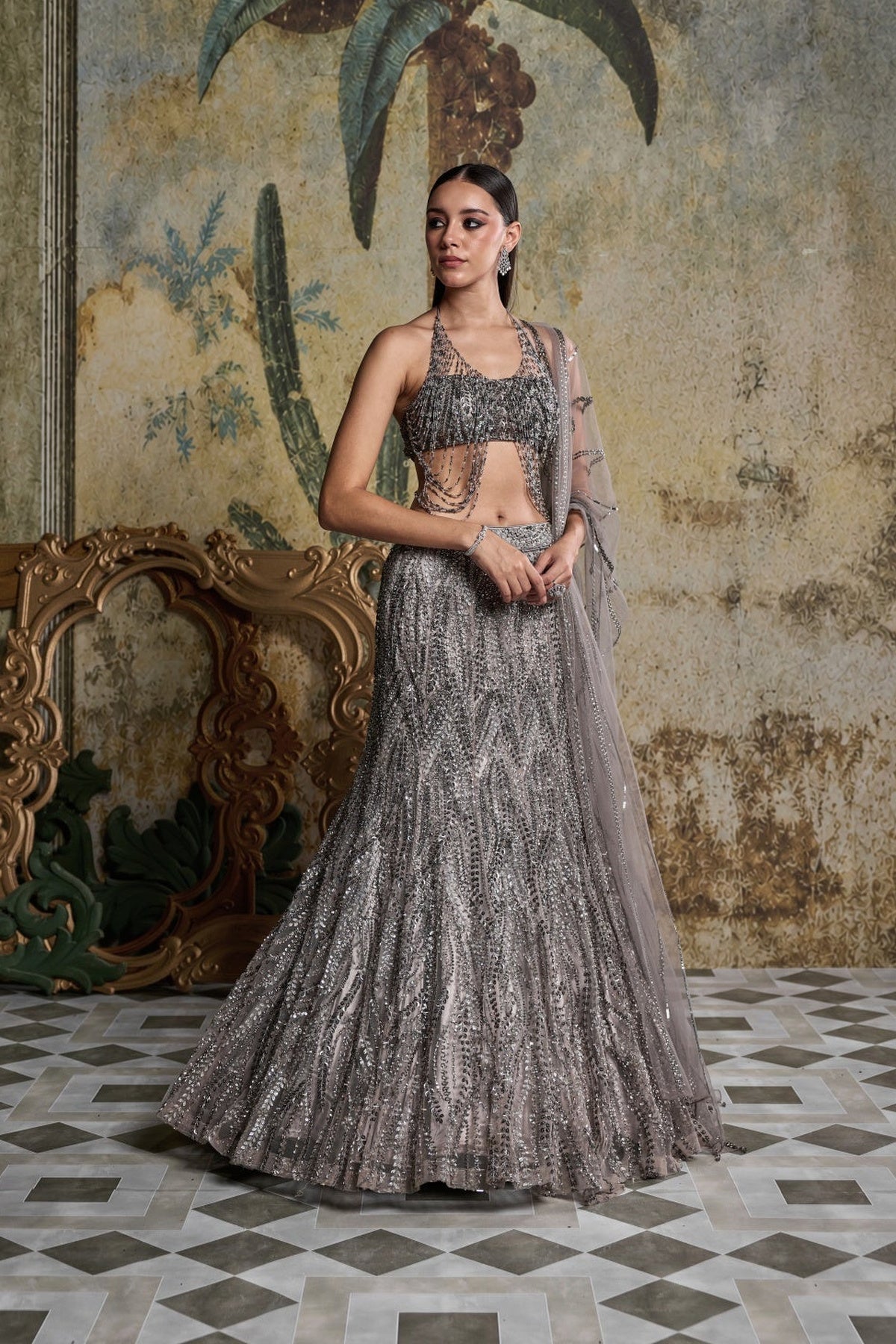 Grey Gunmetal Embellished Mermaid Skirt Set