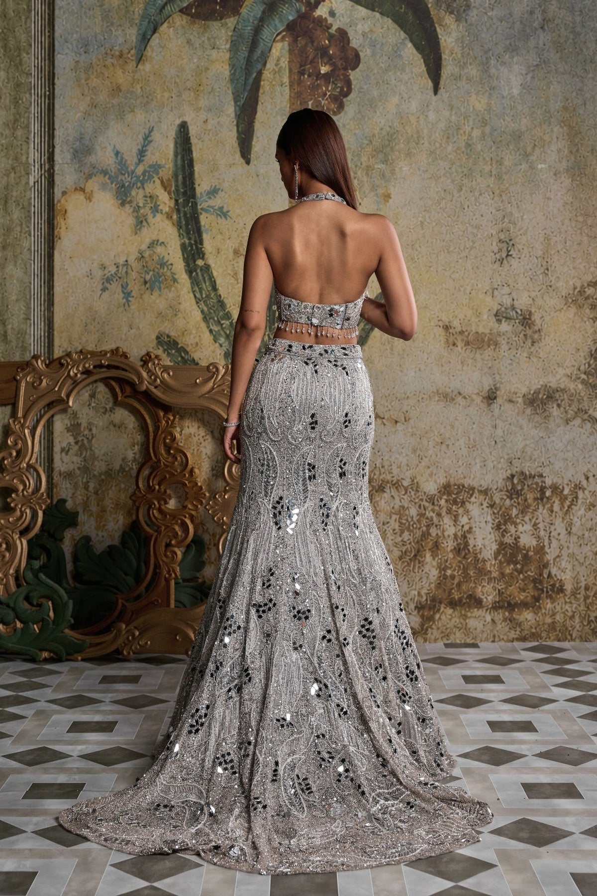 Silver Mirror Embellished Trail Mermaid Skirt Set