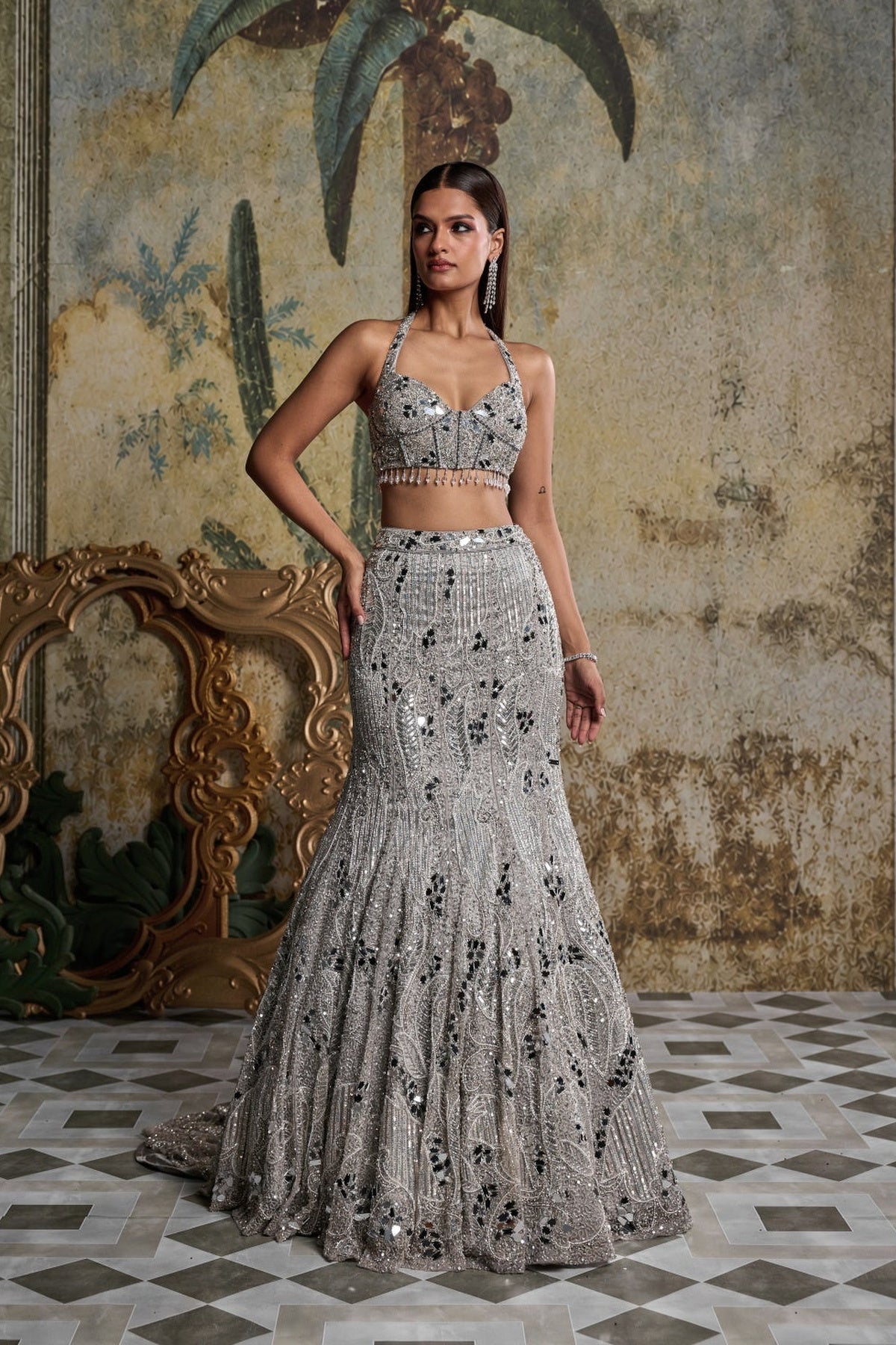 Silver Mirror Embellished Trail Mermaid Skirt Set
