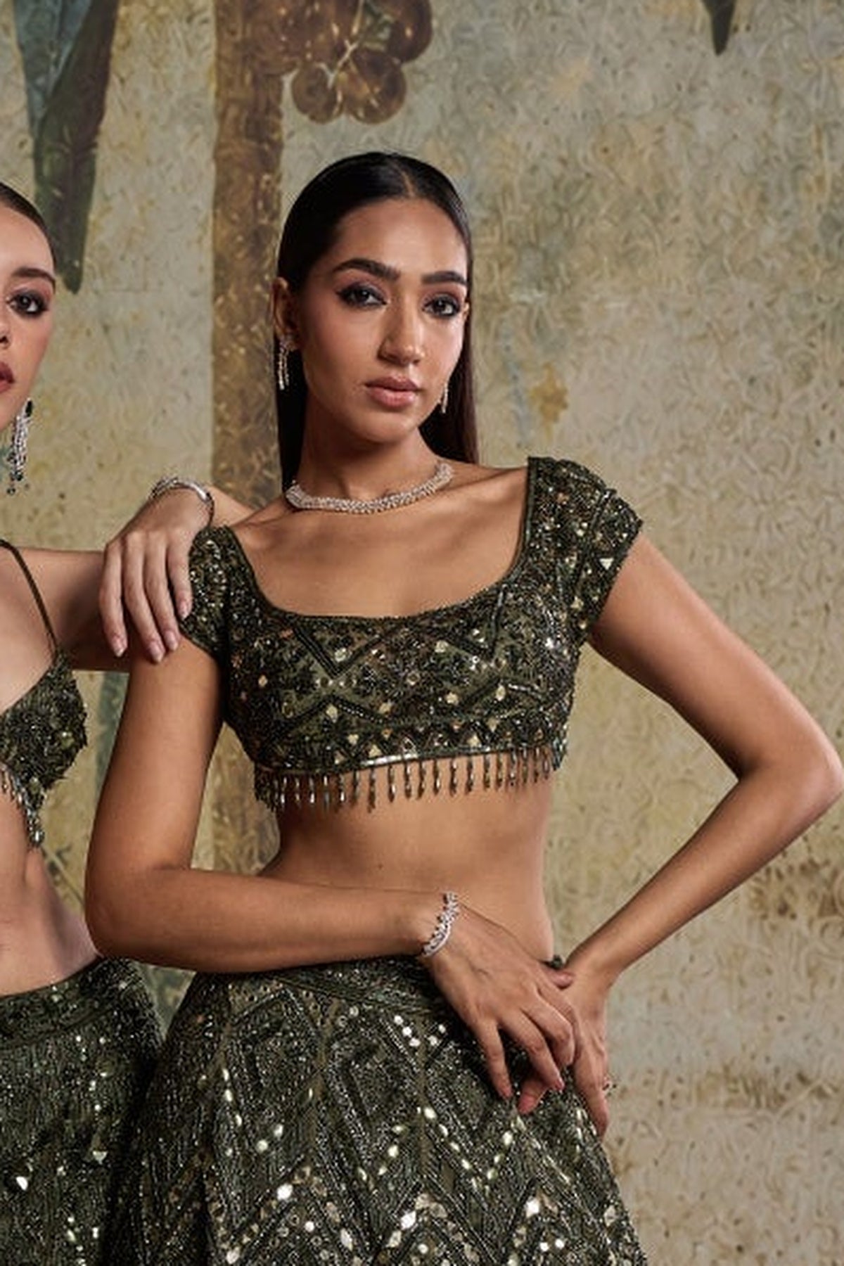Earthy Green Embellished Cape Mermaid Set