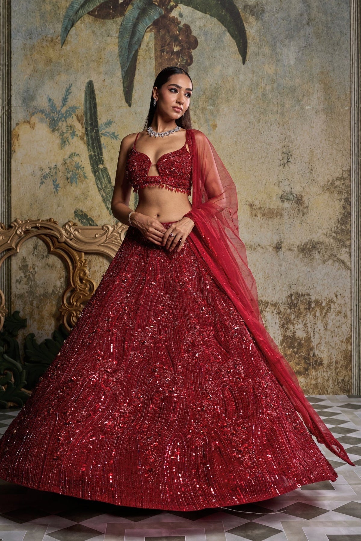 Red Embellished Lehenga Set