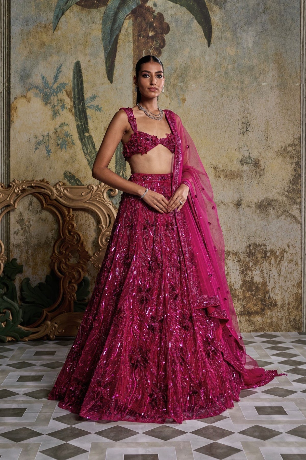 Fuschia Pink 3-D Embellished Lehenga Set
