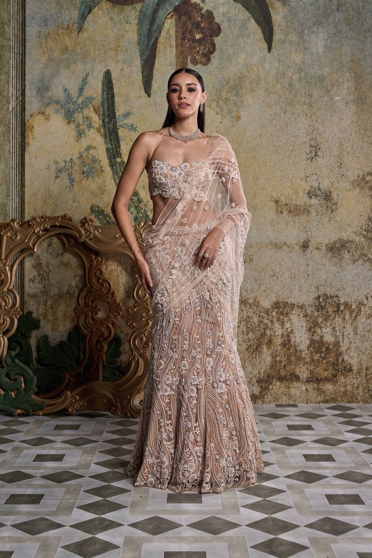 Beige & Ivory 3-D Floral Embellished Saree Set