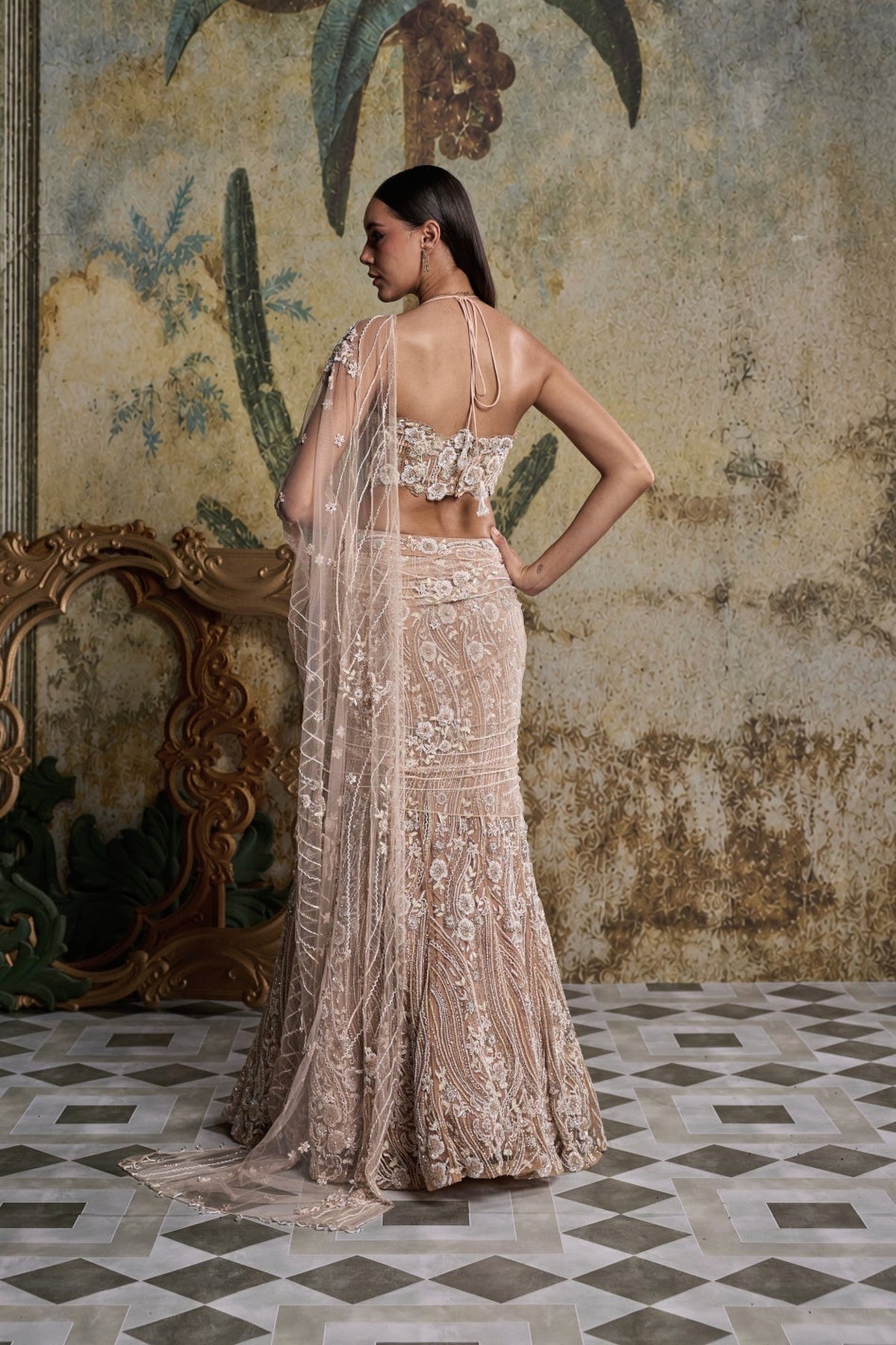 Beige & Ivory 3-D Floral Embellished Saree Set