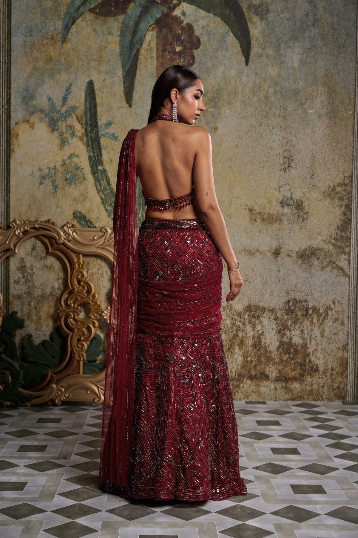 Maroon Abstract Embellished Saree Set