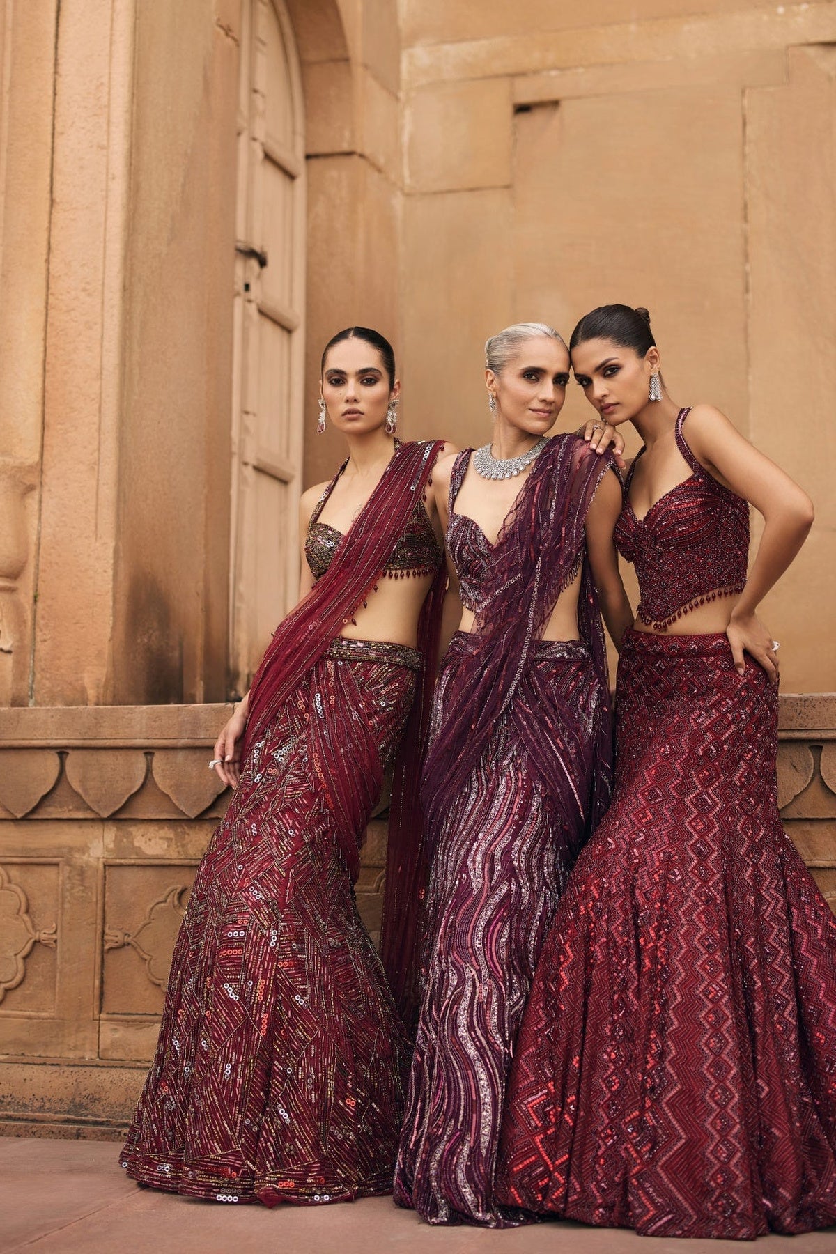 Maroon Abstract Embellished Saree Set
