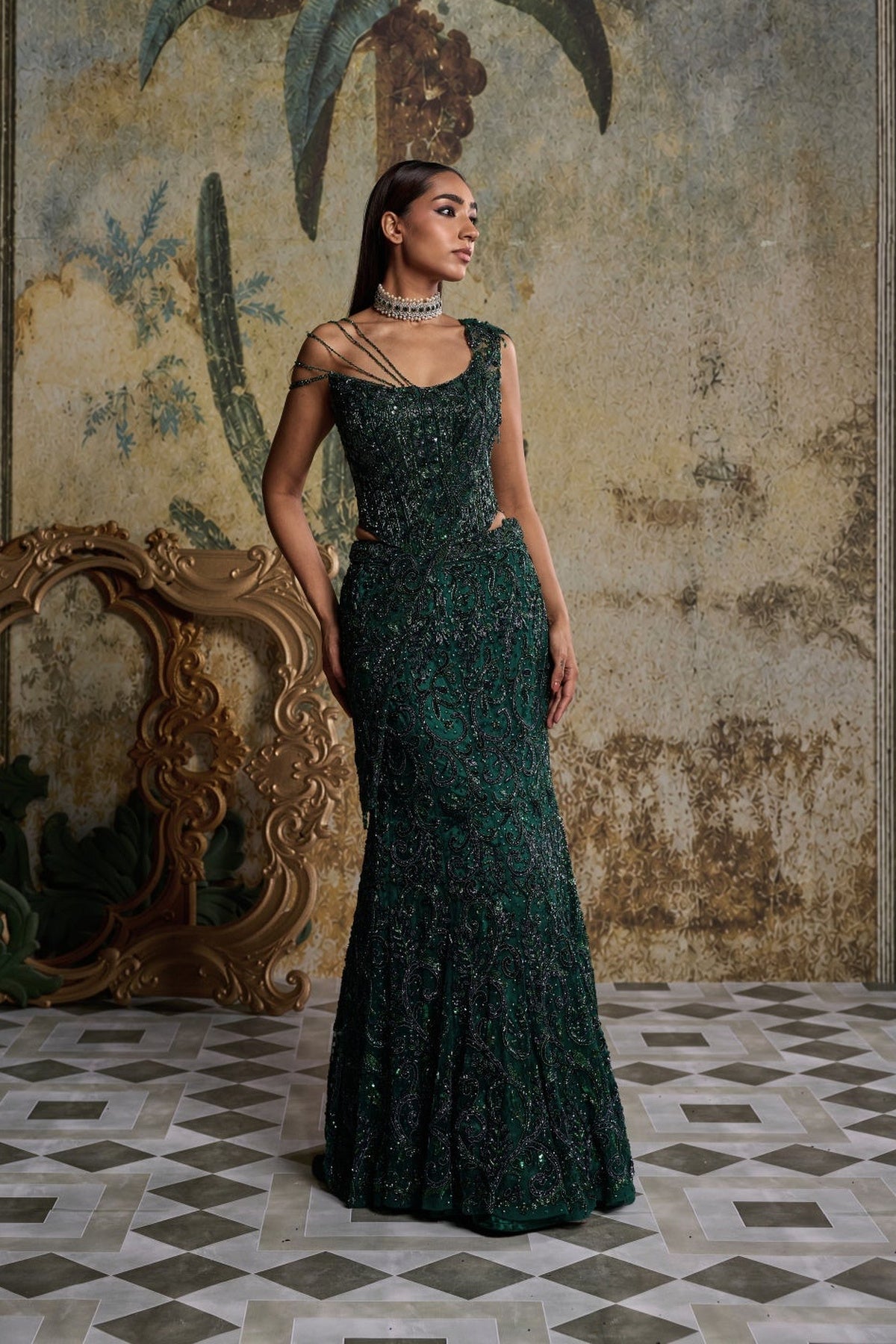 Bottle Green Embellished Corset Saree Set
