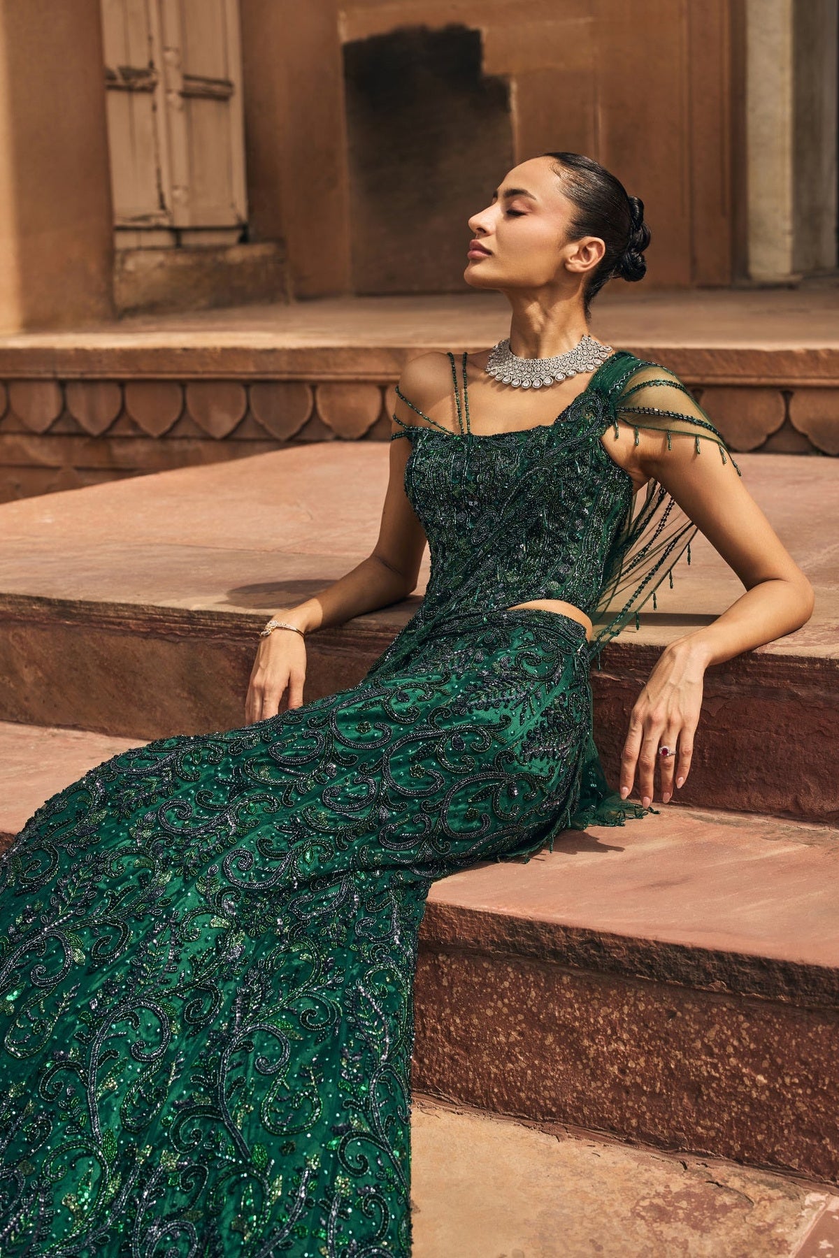 Bottle Green Embellished Corset Saree Set