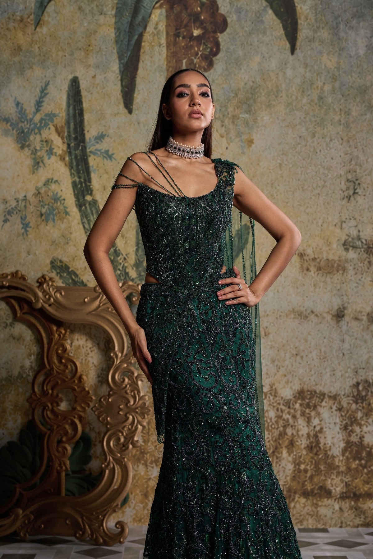 Bottle Green Embellished Corset Saree Set