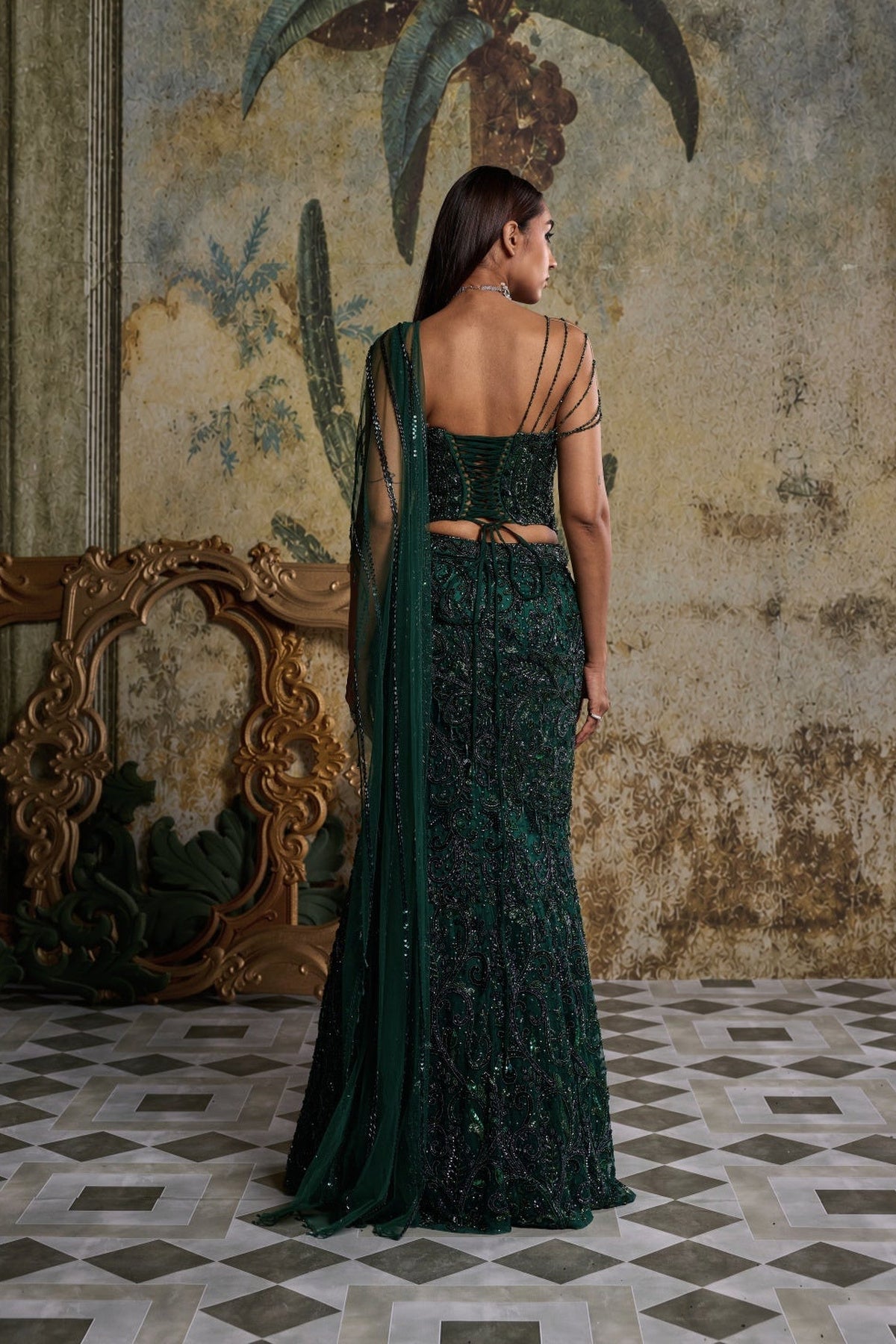 Bottle Green Embellished Corset Saree Set