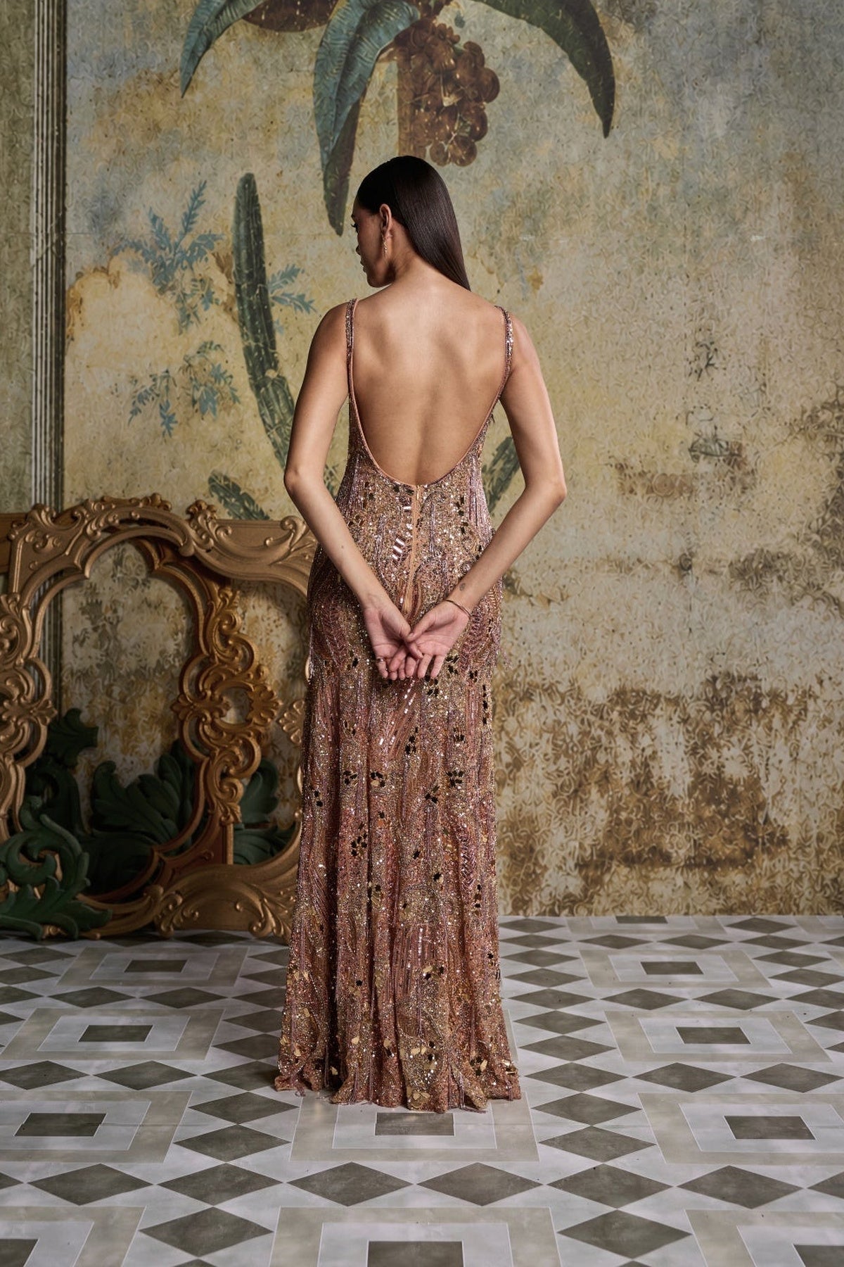 Rose Gold Abstarct Acrylic Embellished Gown