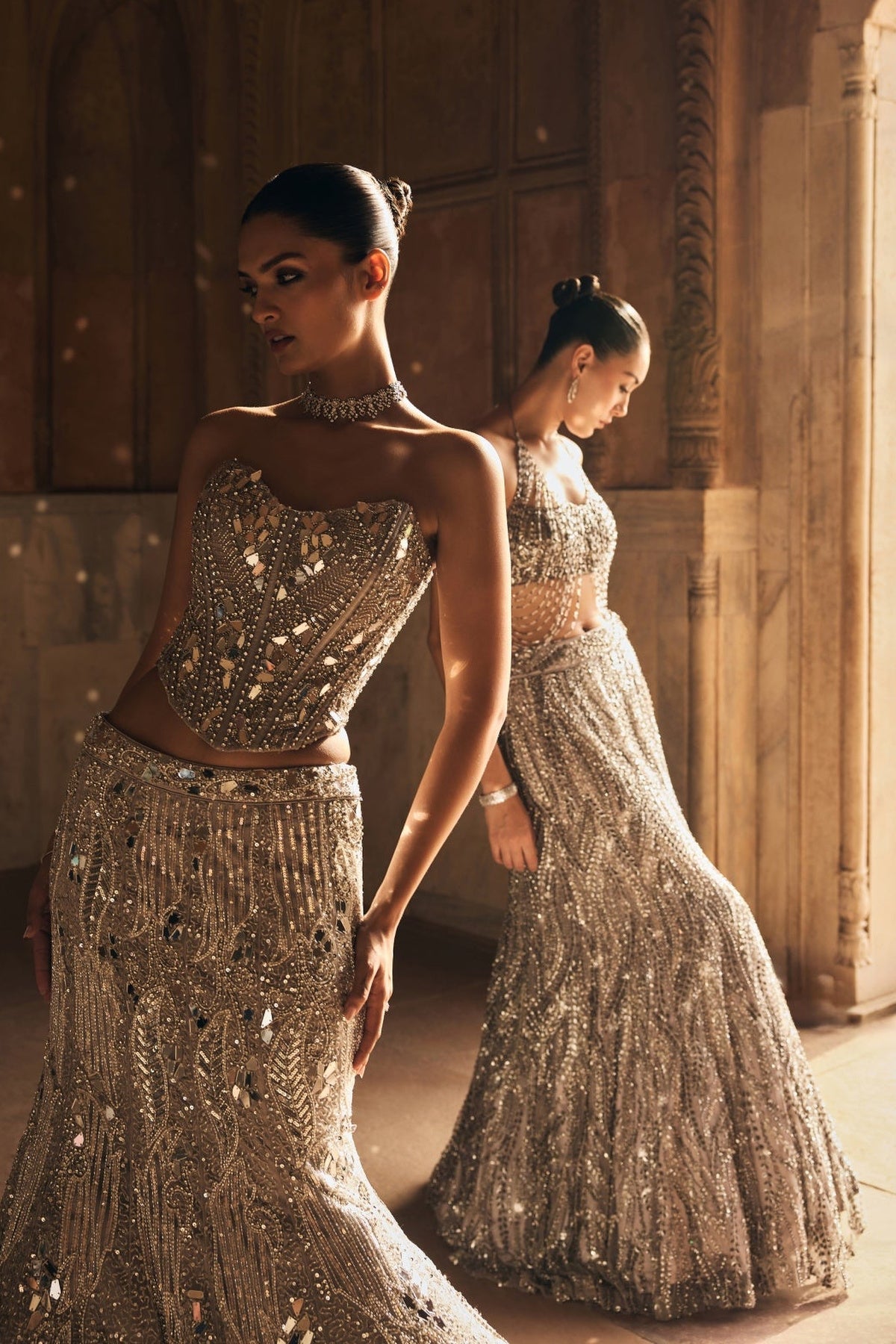 Silver Mirror Embellished Trail Mermaid Skirt Set