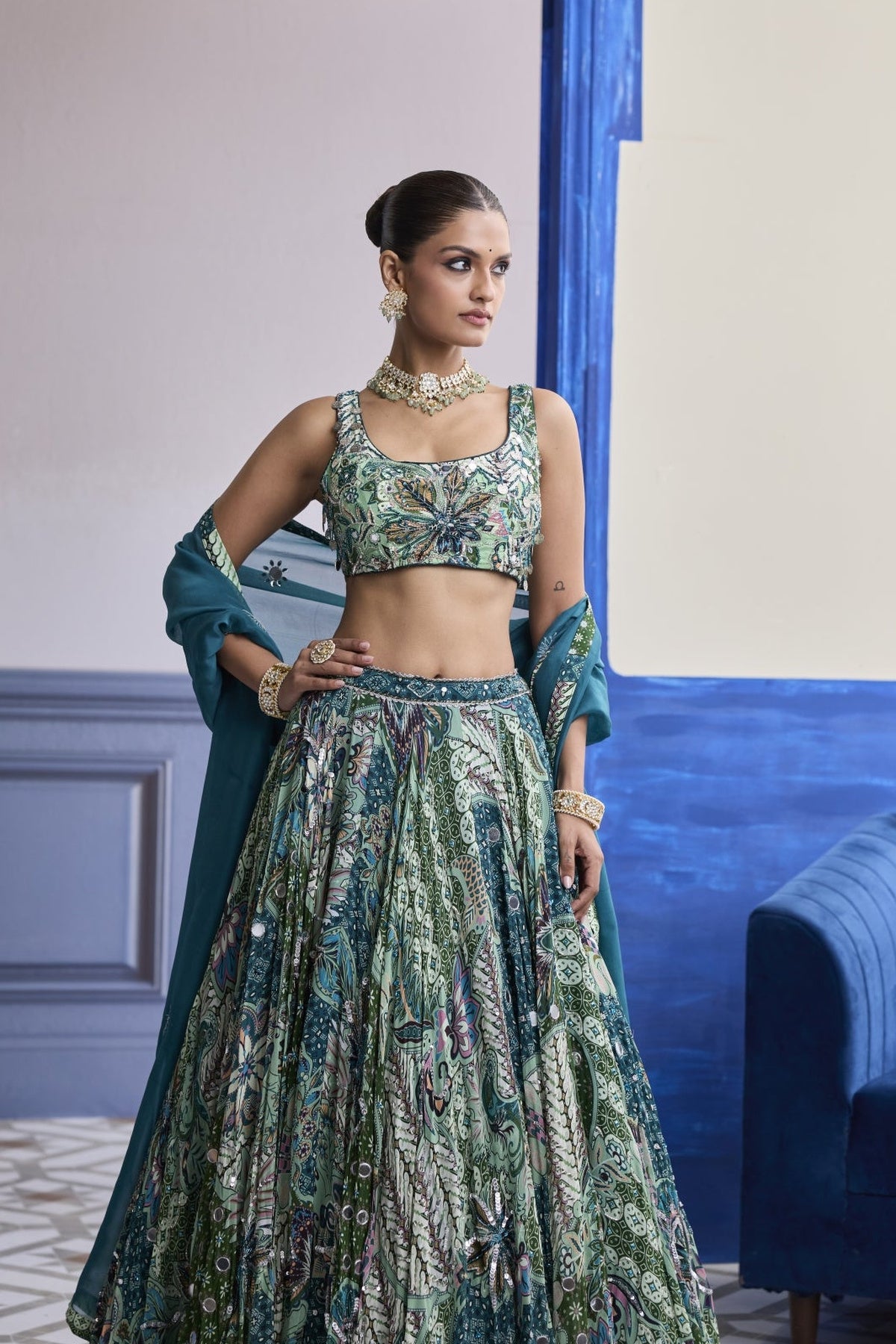 Green Floral Blouse With Highlighted Lehenga & Embroidered Dupatta Set