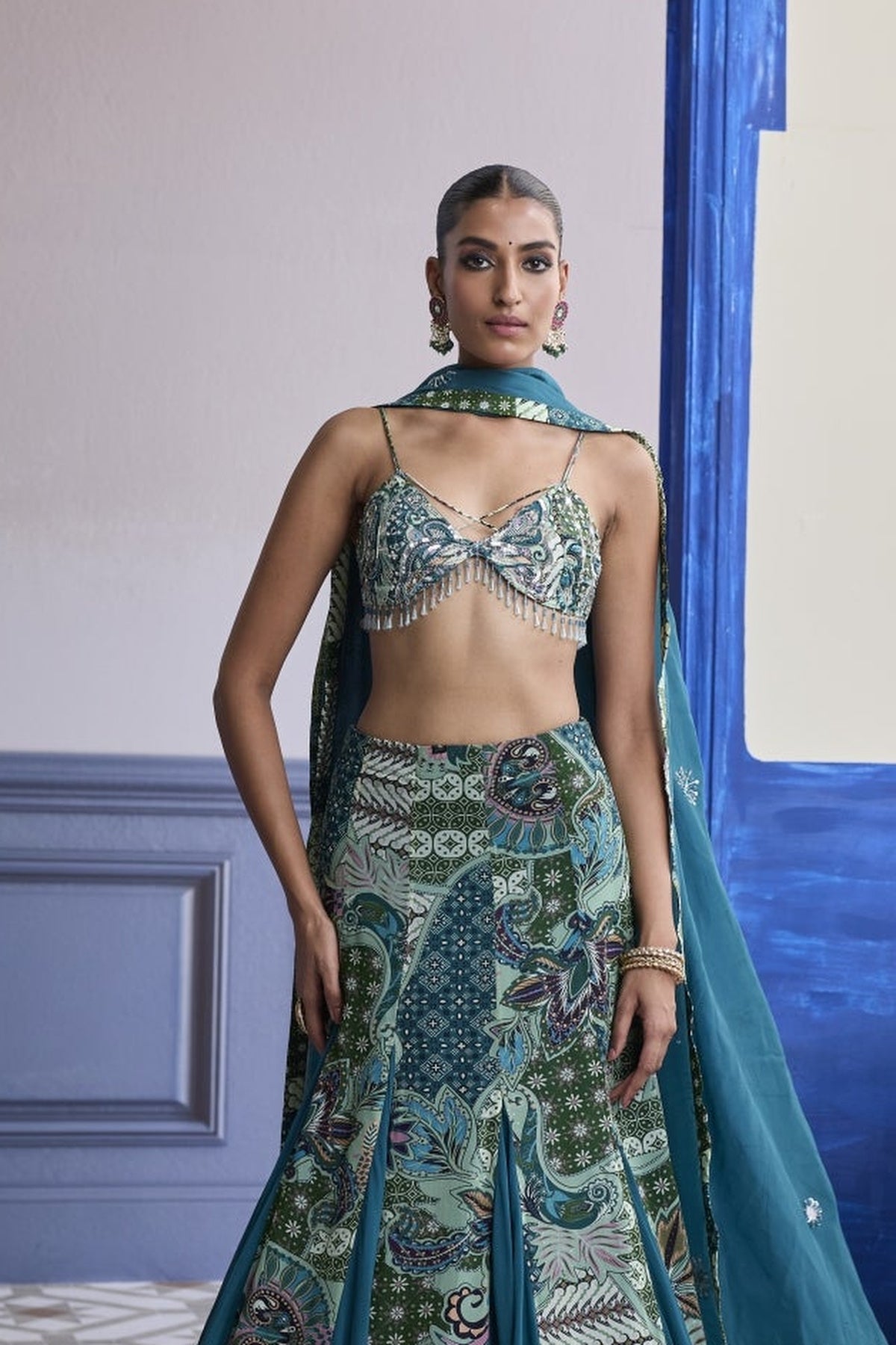 Green Floral Blouse With Godet Skirt & Embroidered Dupatta Set